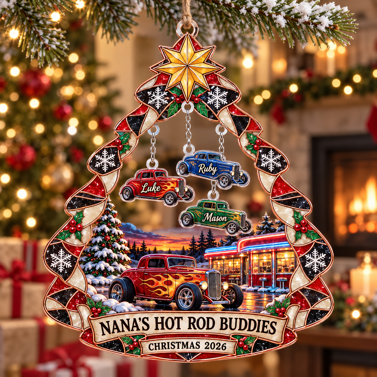 Stained-glass acrylic Christmas ornament with "NANA'S HOT ROD BUDDIES" and personalised name charms