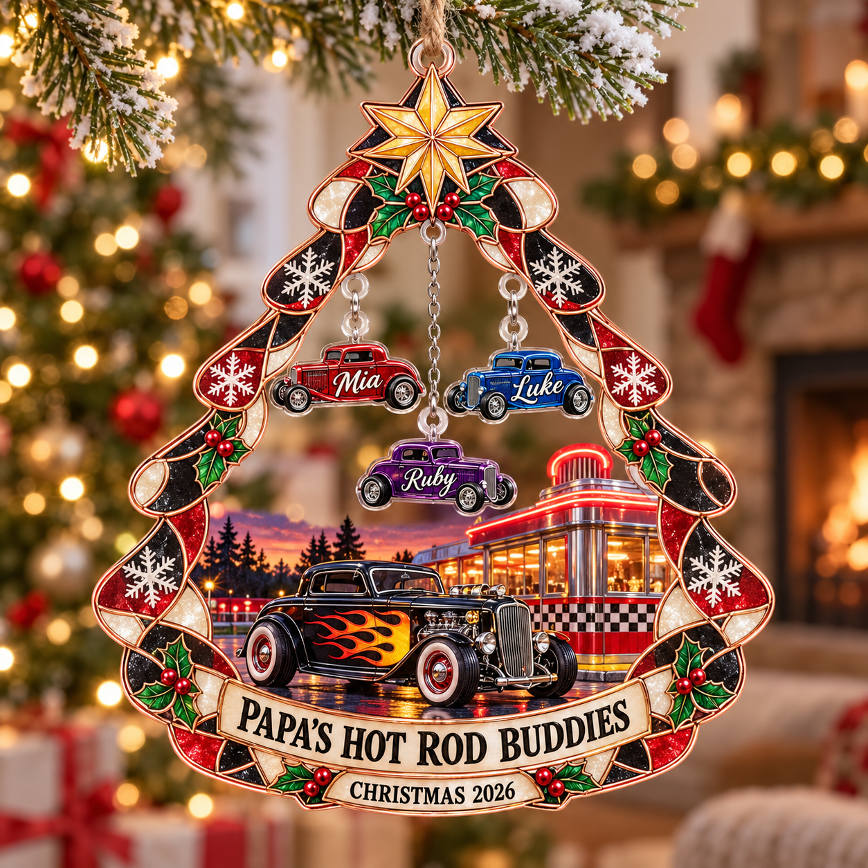 Stained-glass acrylic Christmas ornament with "PAPA'S HOT ROD BUDDIES" and personalised name charms