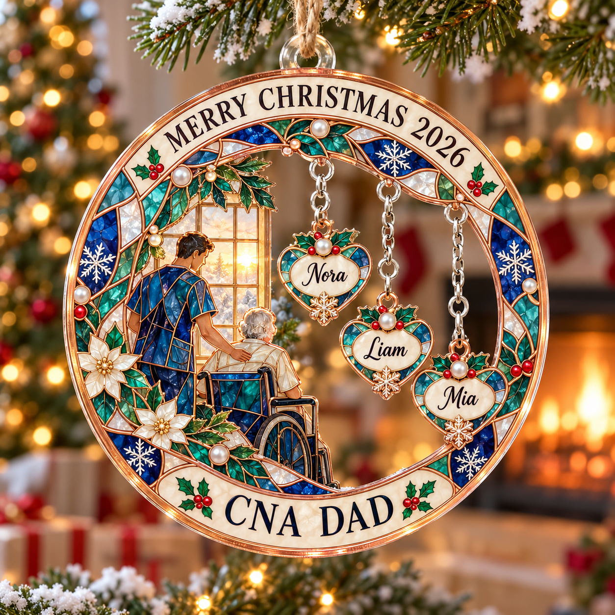 Stained-glass acrylic Christmas ornament with "CNA DAD" and personalised name charms