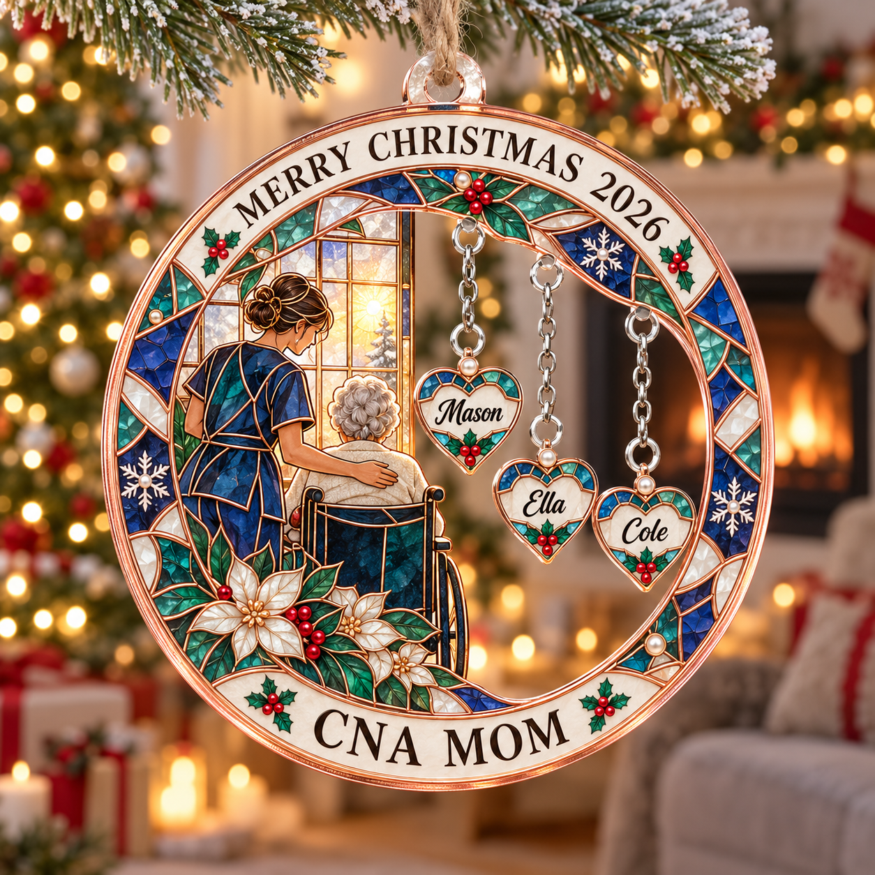 Stained-glass acrylic Christmas ornament with "CNA MOM" and personalised name charms