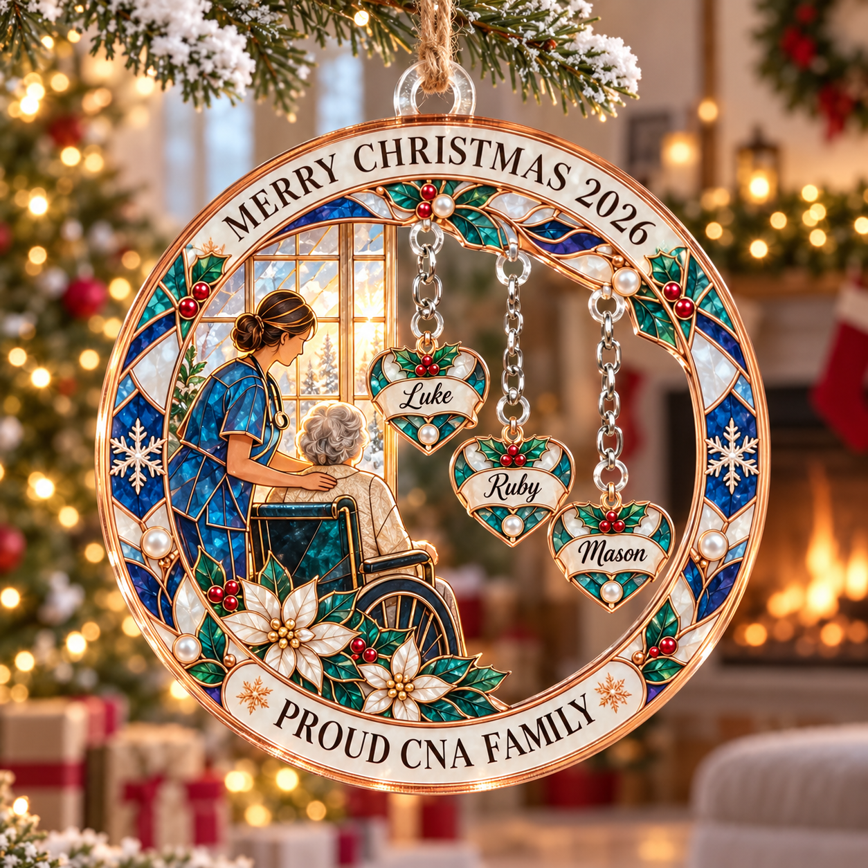 Stained-glass acrylic Christmas ornament with "PROUD CNA FAMILY" and personalised name charms