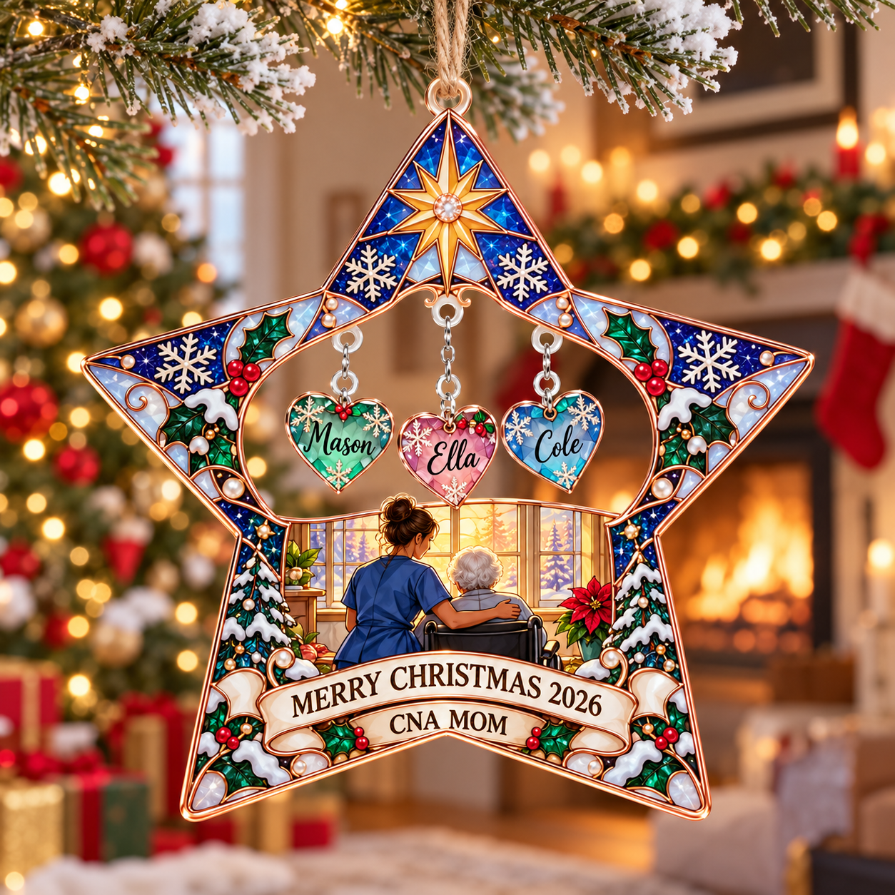 Stained-glass acrylic Christmas ornament with "CNA MOM" and personalised name charms