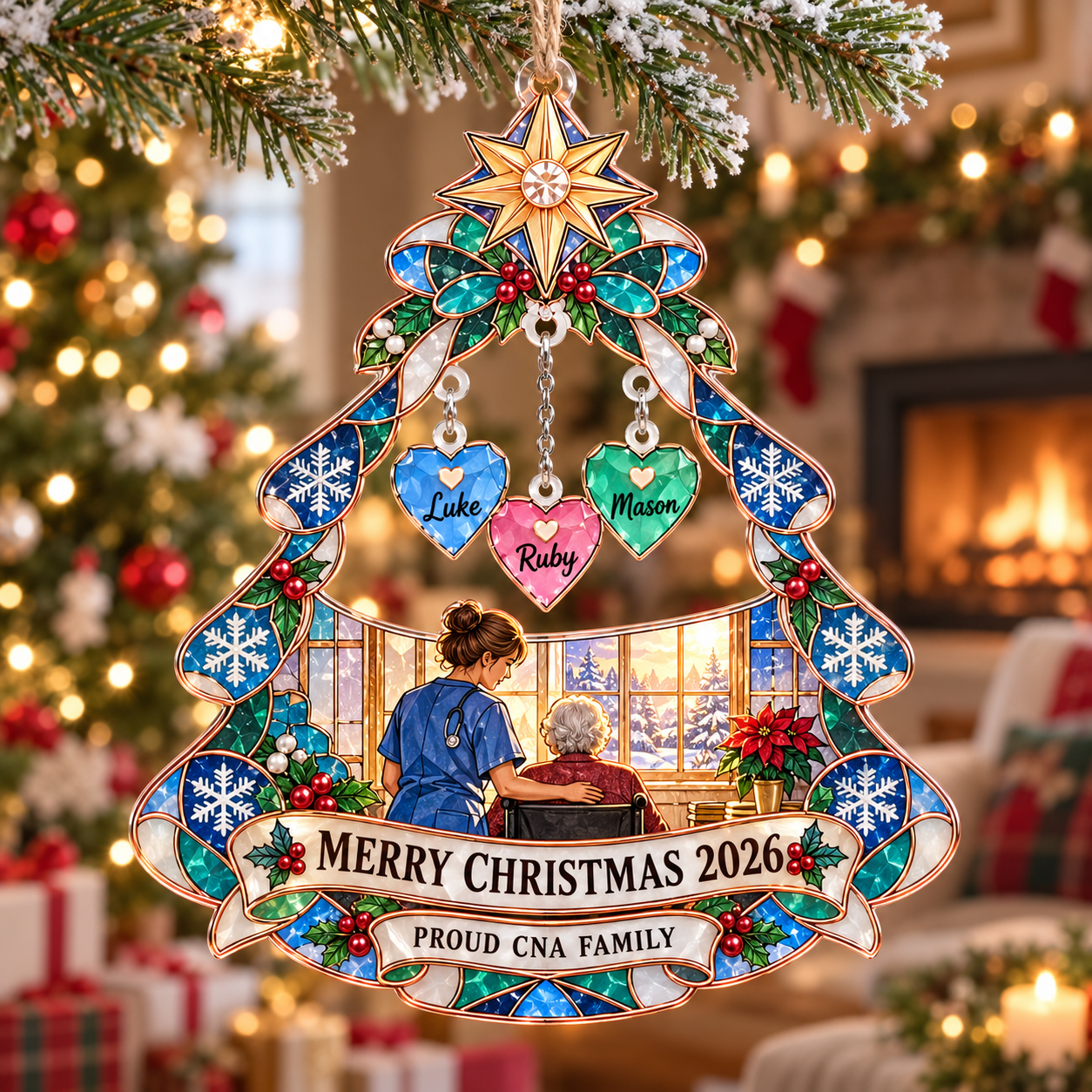 Stained-glass acrylic Christmas ornament with "PROUD CNA FAMILY" and personalised name charms
