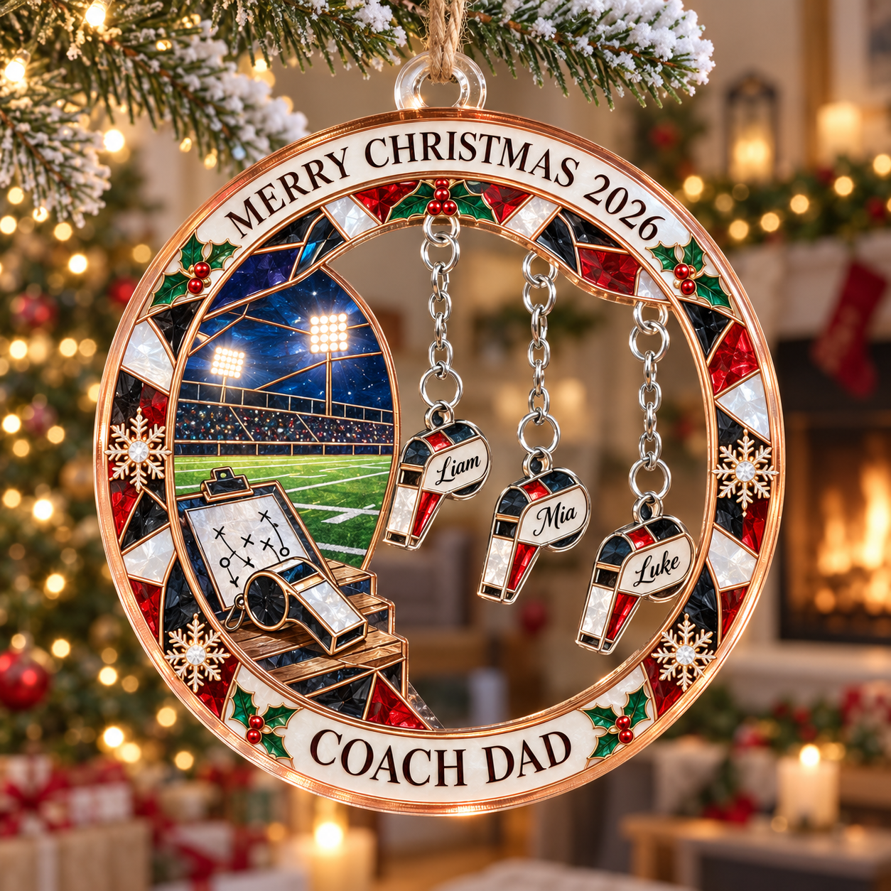 Stained-glass acrylic Christmas ornament with "COACH DAD" and personalised name charms