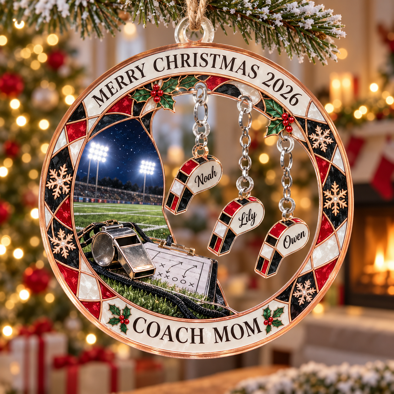 Stained-glass acrylic Christmas ornament with "COACH MOM" and personalised name charms