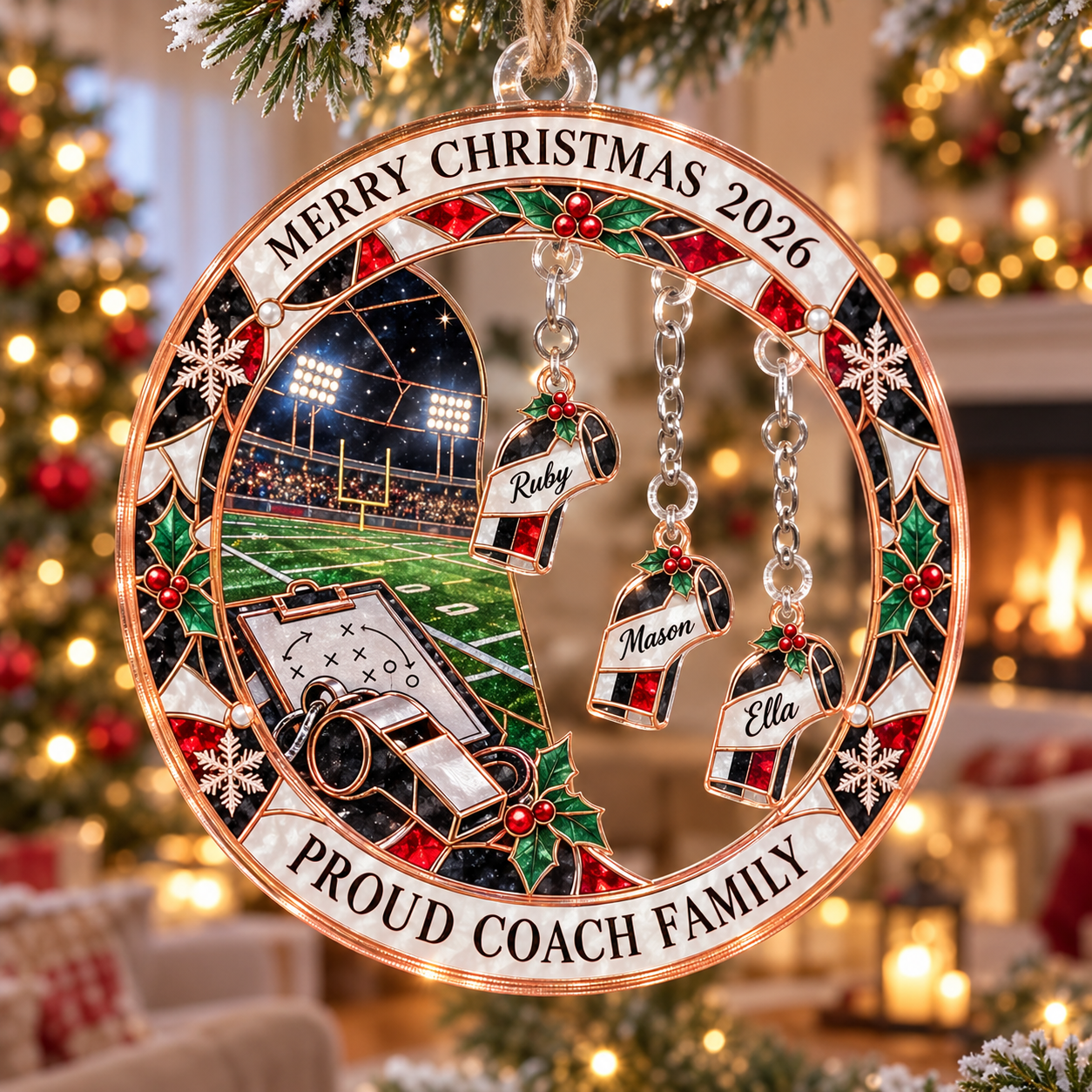 Stained-glass acrylic Christmas ornament with "PROUD COACH FAMILY" and personalised name charms