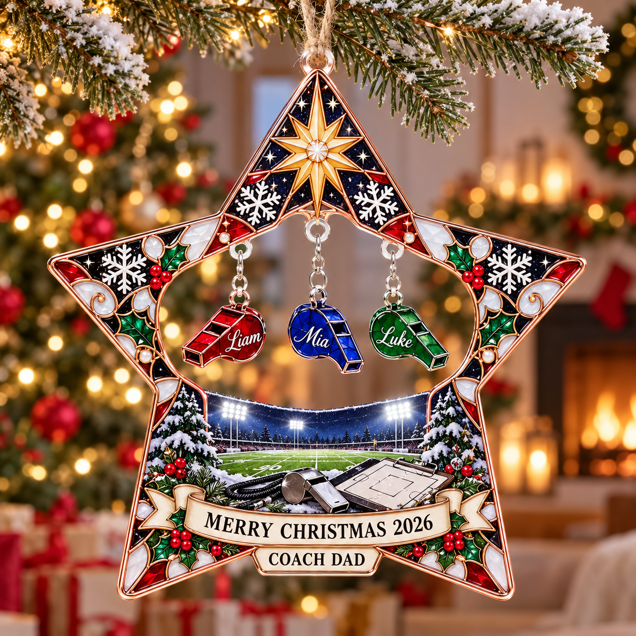 Stained-glass acrylic Christmas ornament with "COACH DAD" and personalised name charms
