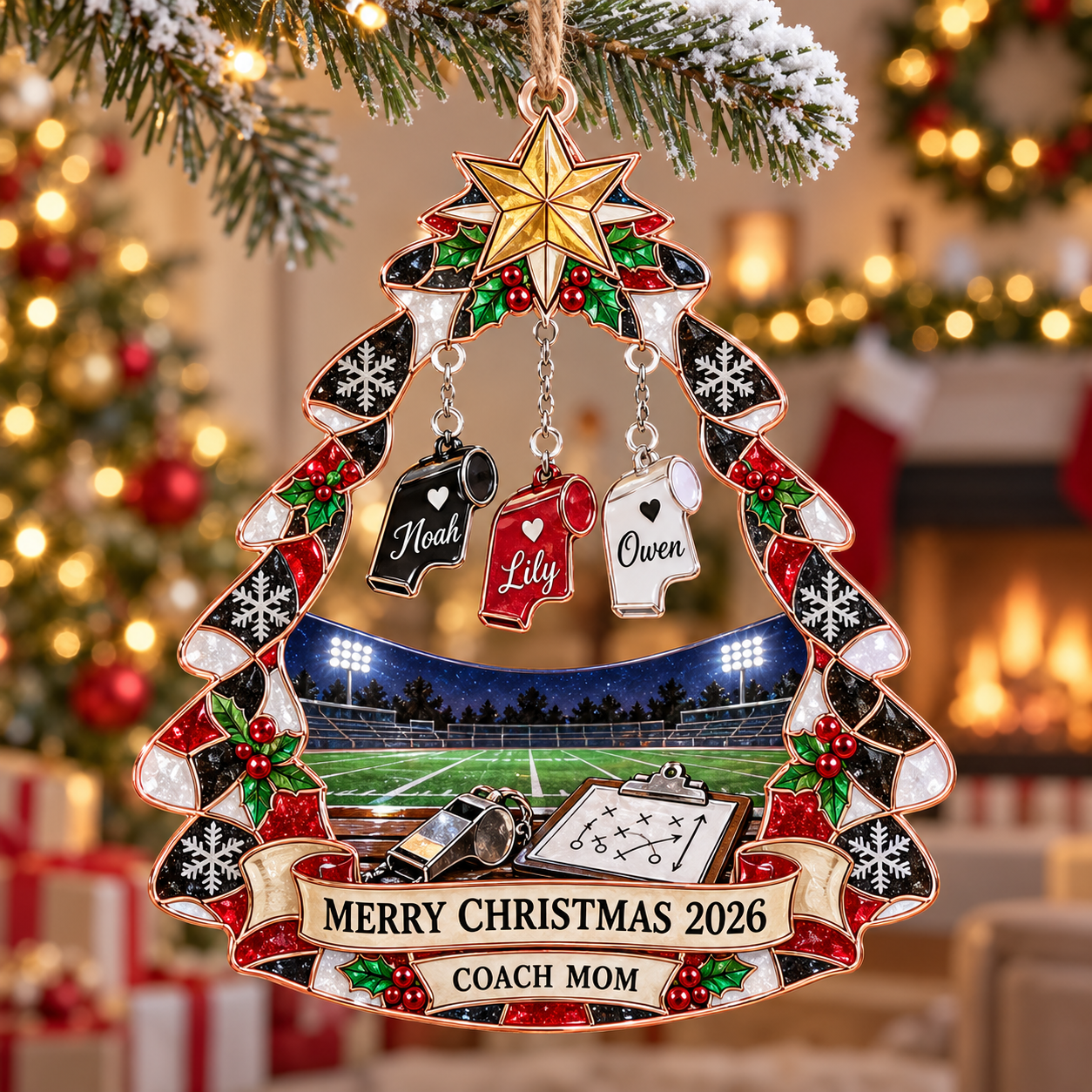 Stained-glass acrylic Christmas ornament with "COACH MOM" and personalised name charms