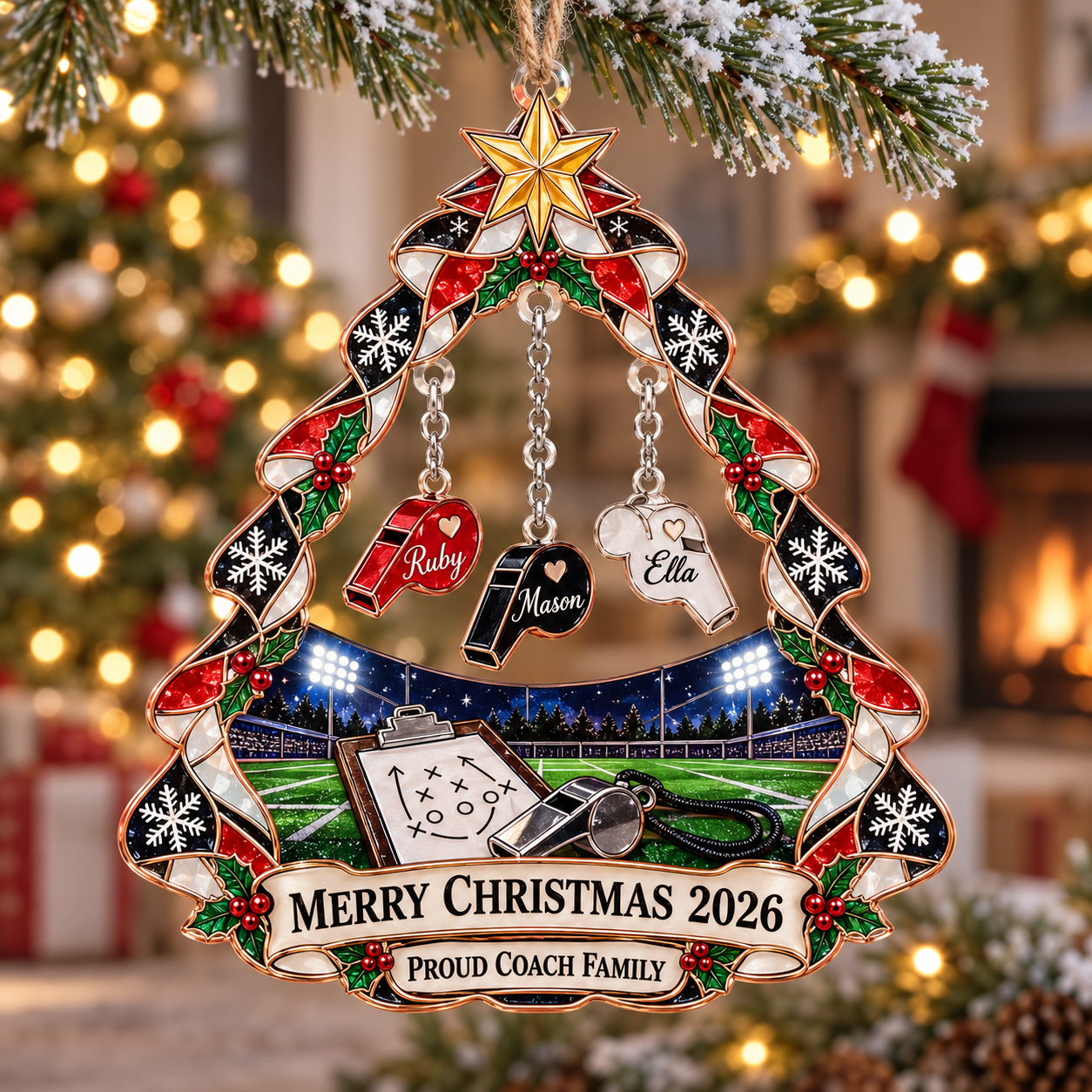 Stained-glass acrylic Christmas ornament with "PROUD COACH FAMILY" and personalised name charms