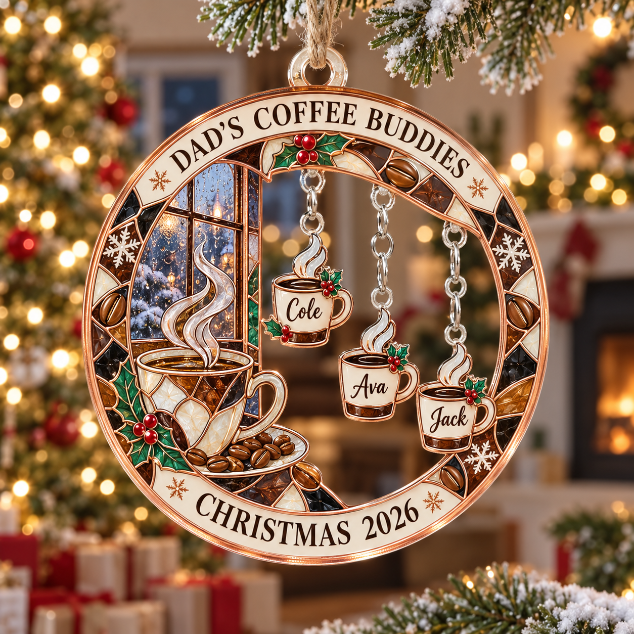 Stained-glass acrylic Christmas ornament with "DAD'S COFFEE BUDDIES" and personalised name charms