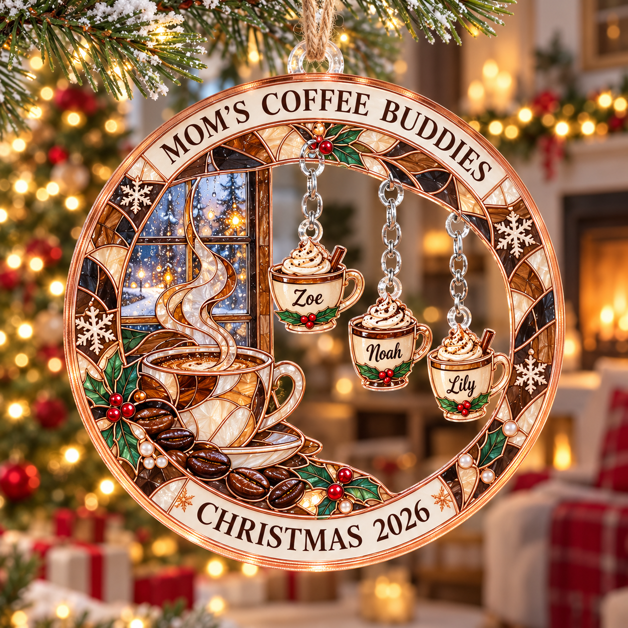 Stained-glass acrylic Christmas ornament with "MOM'S COFFEE BUDDIES" and personalised name charms