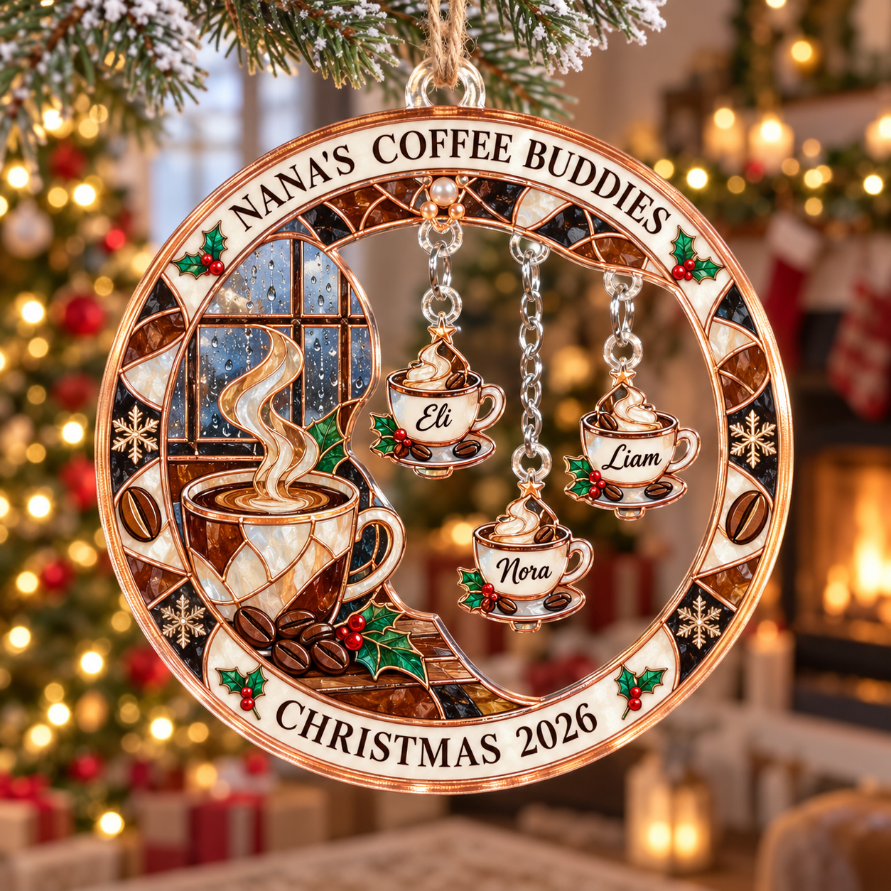 Stained-glass acrylic Christmas ornament with "NANA'S COFFEE BUDDIES" and personalised name charms