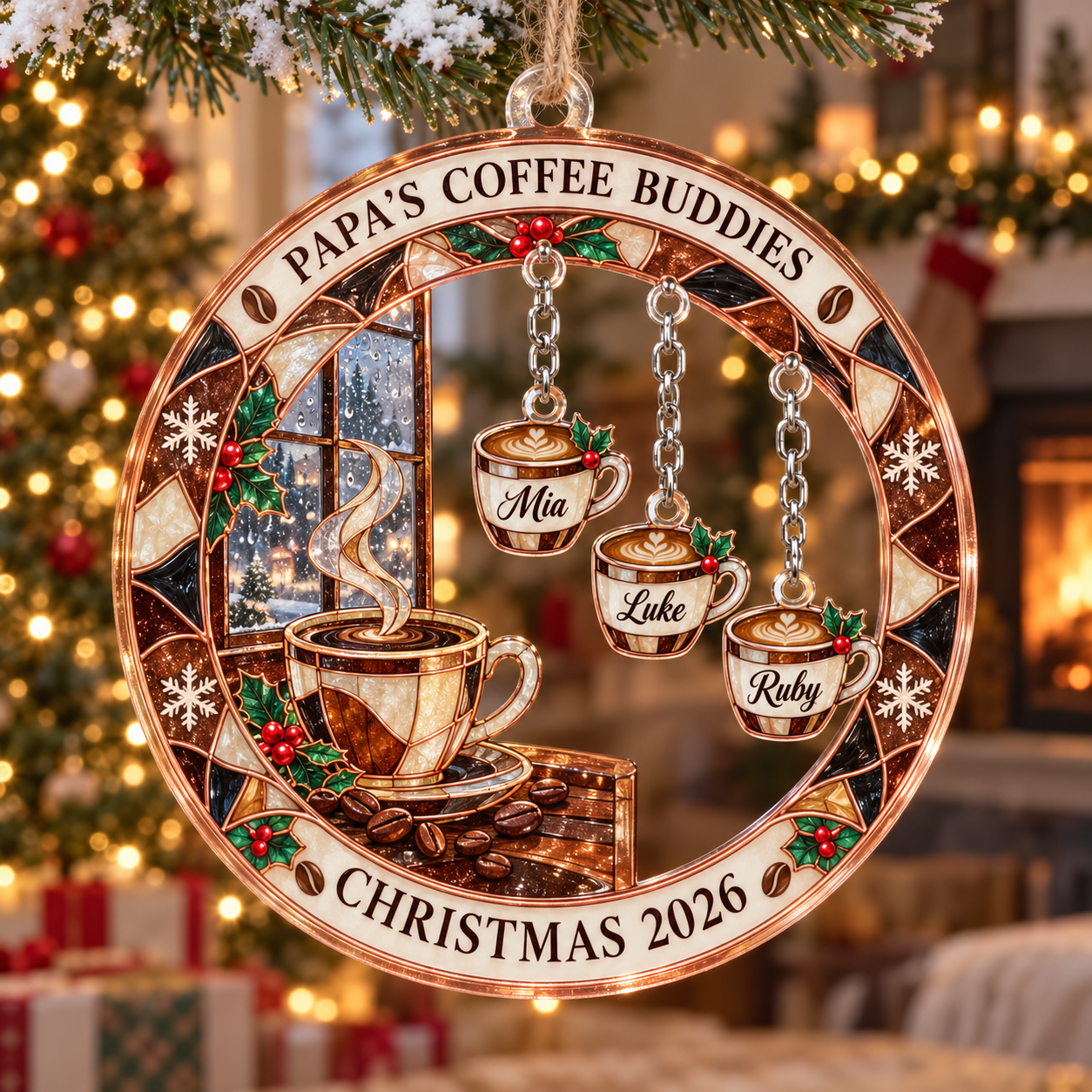 Stained-glass acrylic Christmas ornament with "PAPA'S COFFEE BUDDIES" and personalised name charms