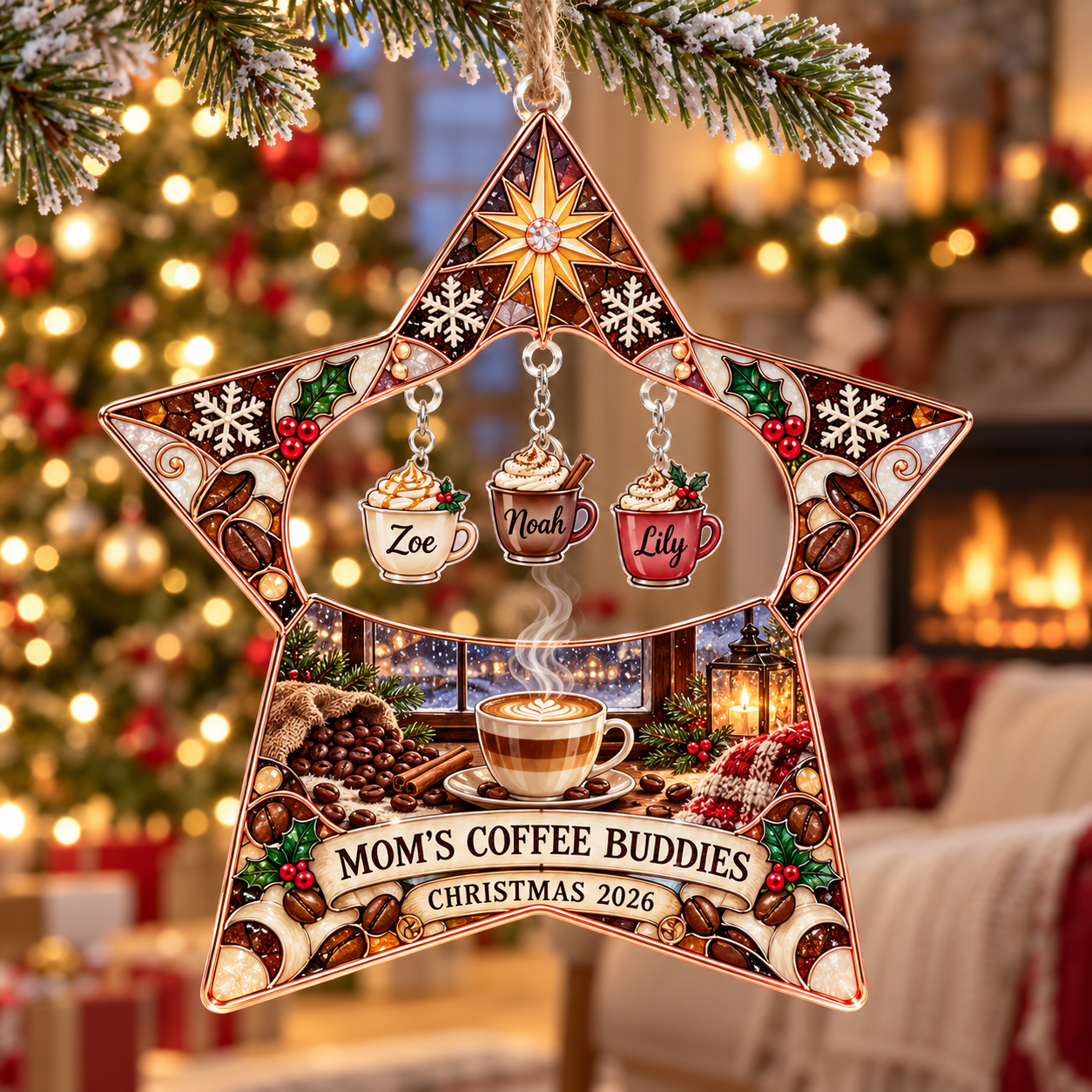 Stained-glass acrylic Christmas ornament with "MOM'S COFFEE BUDDIES" and personalised name charms