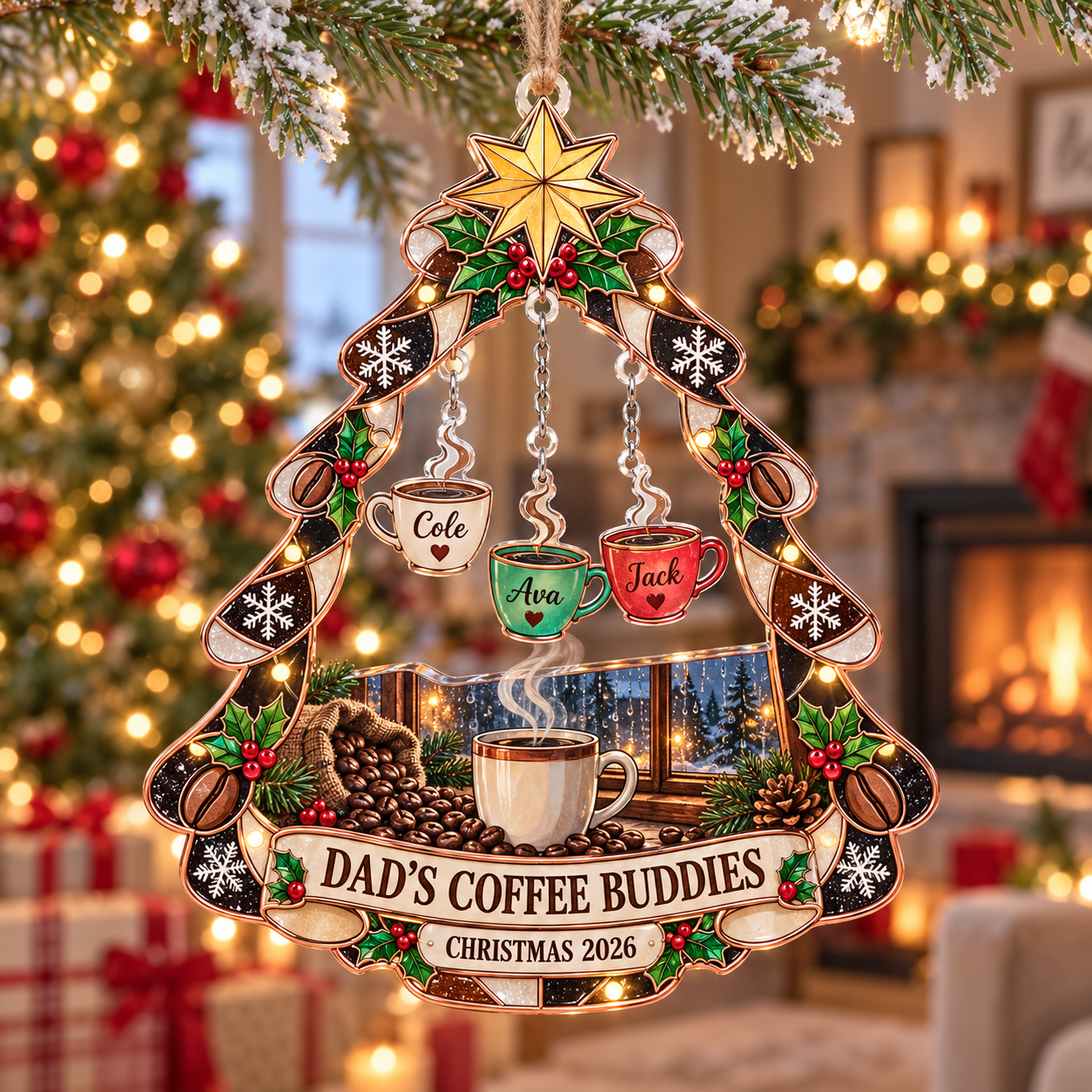 Stained-glass acrylic Christmas ornament with "DAD'S COFFEE BUDDIES" and personalised name charms