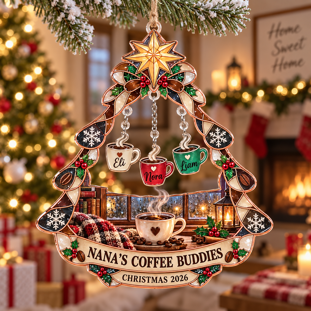 Stained-glass acrylic Christmas ornament with "NANA'S COFFEE BUDDIES" and personalised name charms