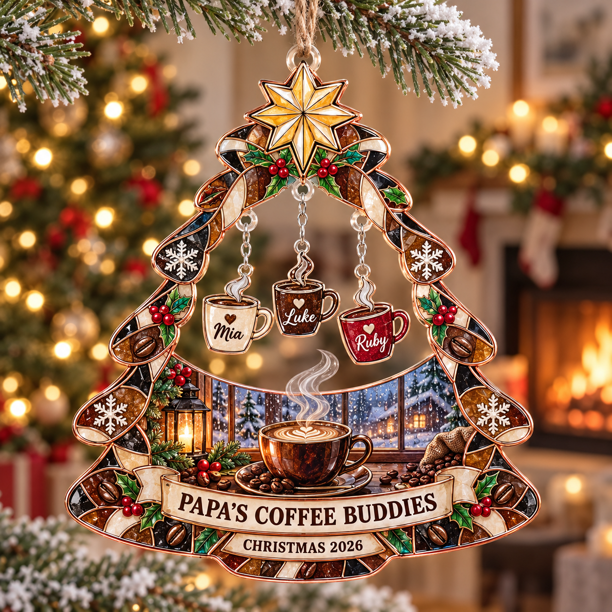 Stained-glass acrylic Christmas ornament with "PAPA'S COFFEE BUDDIES" and personalised name charms