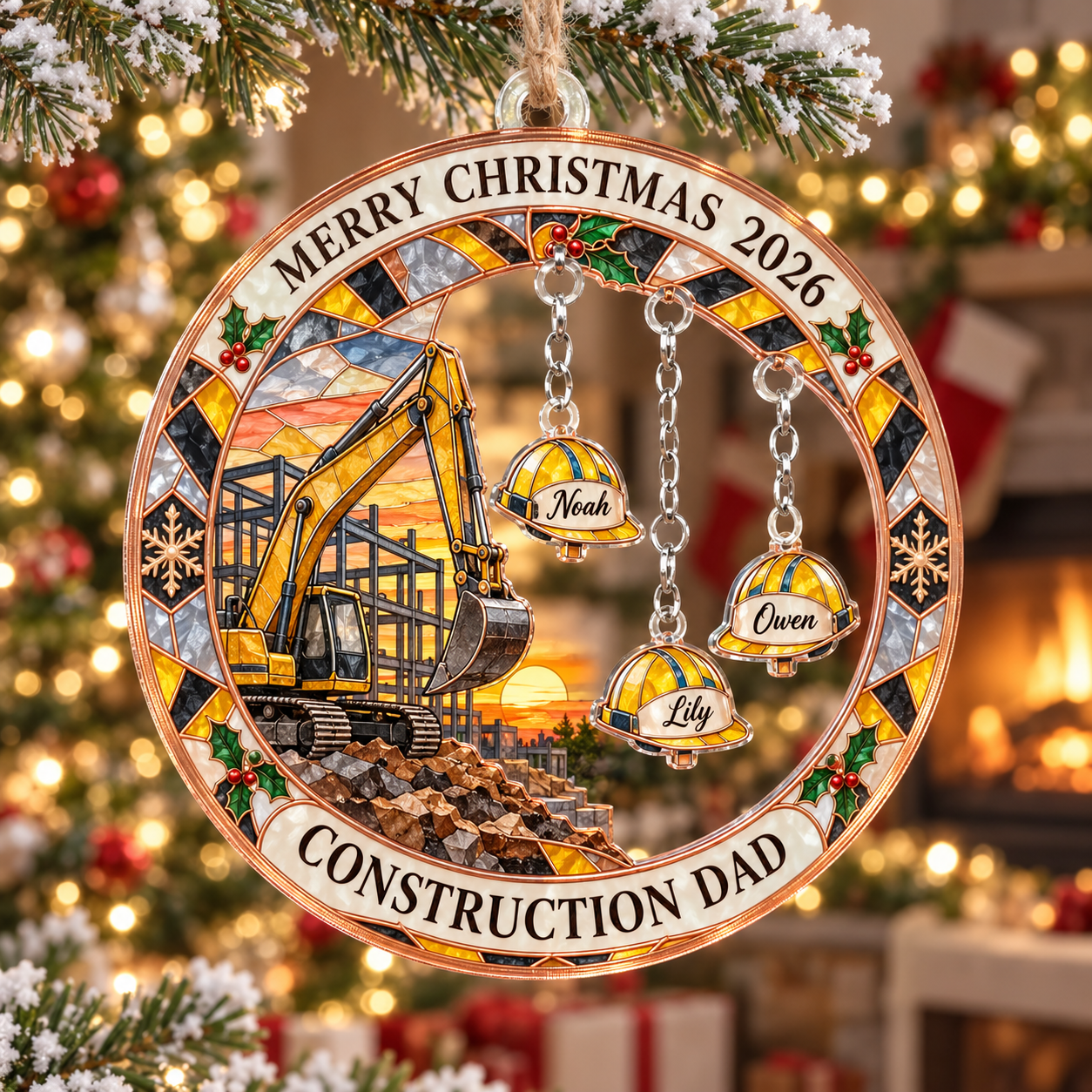 Stained-glass acrylic Christmas ornament with "CONSTRUCTION DAD" and personalised name charms