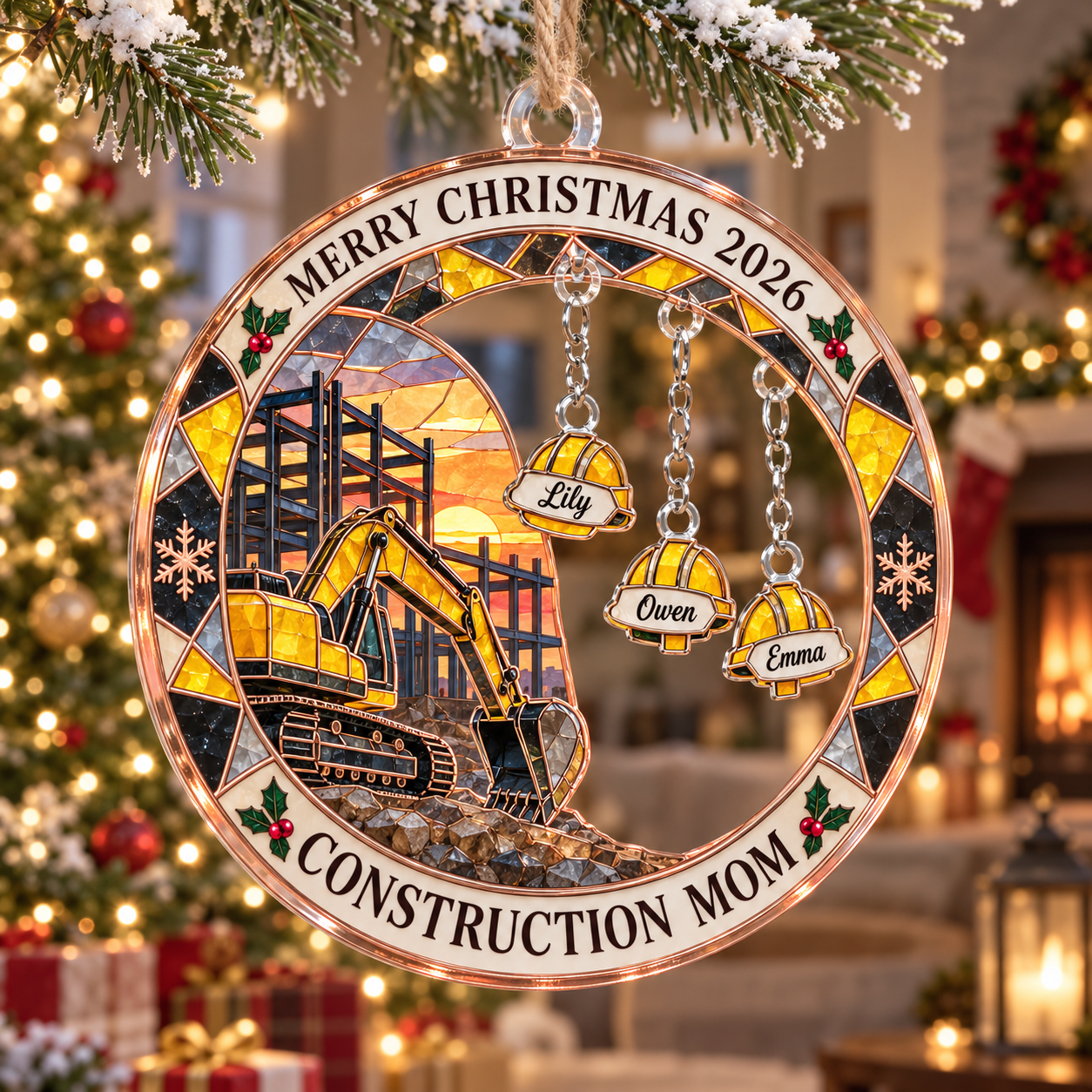 Stained-glass acrylic Christmas ornament with "CONSTRUCTION MOM" and personalised name charms