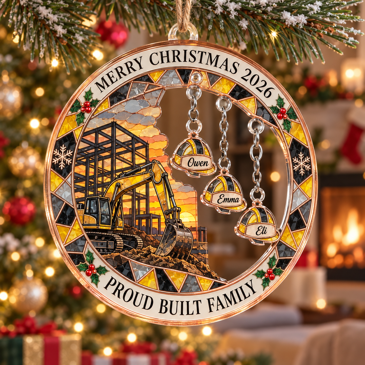 Stained-glass acrylic Christmas ornament with "PROUD BUILT FAMILY" and personalised name charms