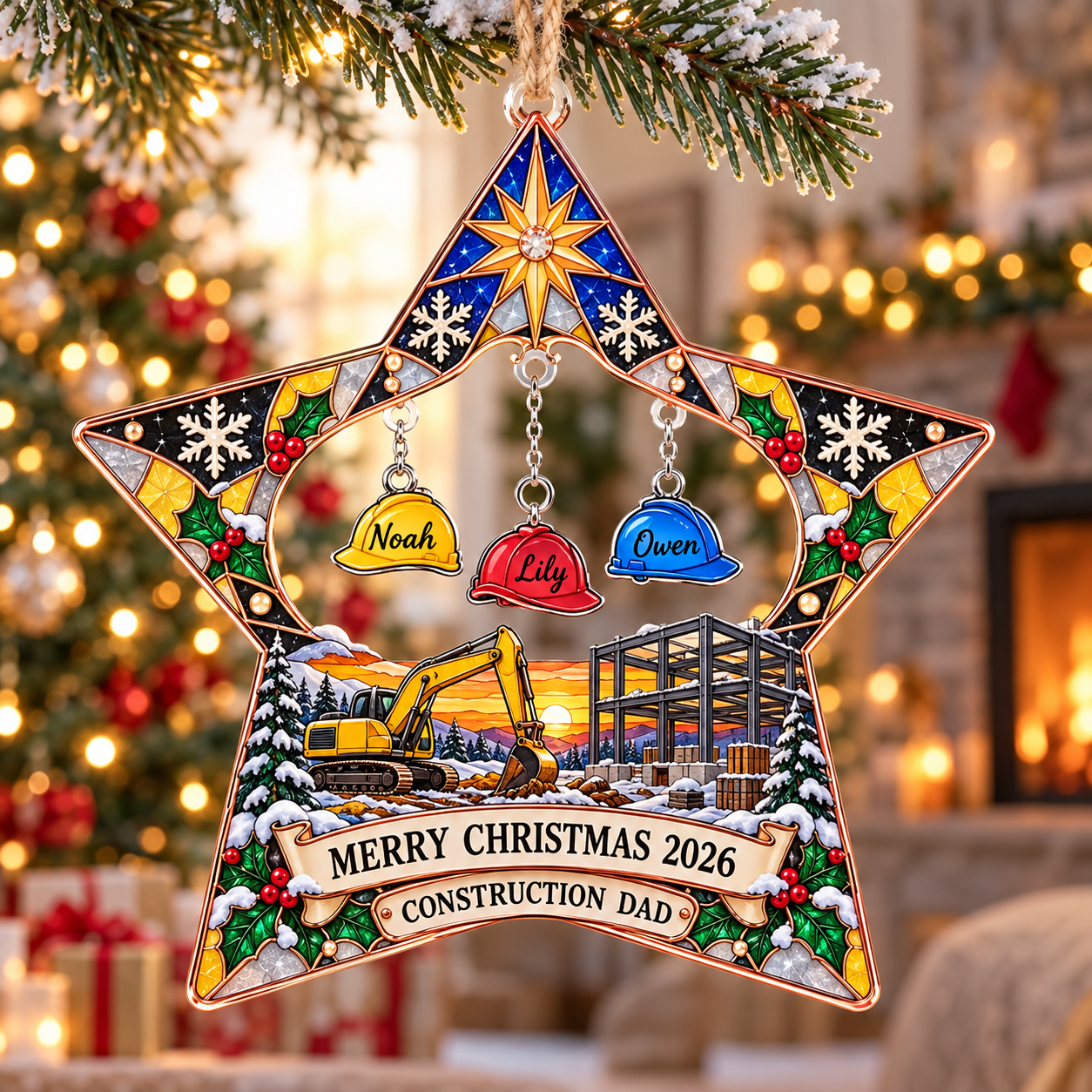 Stained-glass acrylic Christmas ornament with "CONSTRUCTION DAD" and personalised name charms
