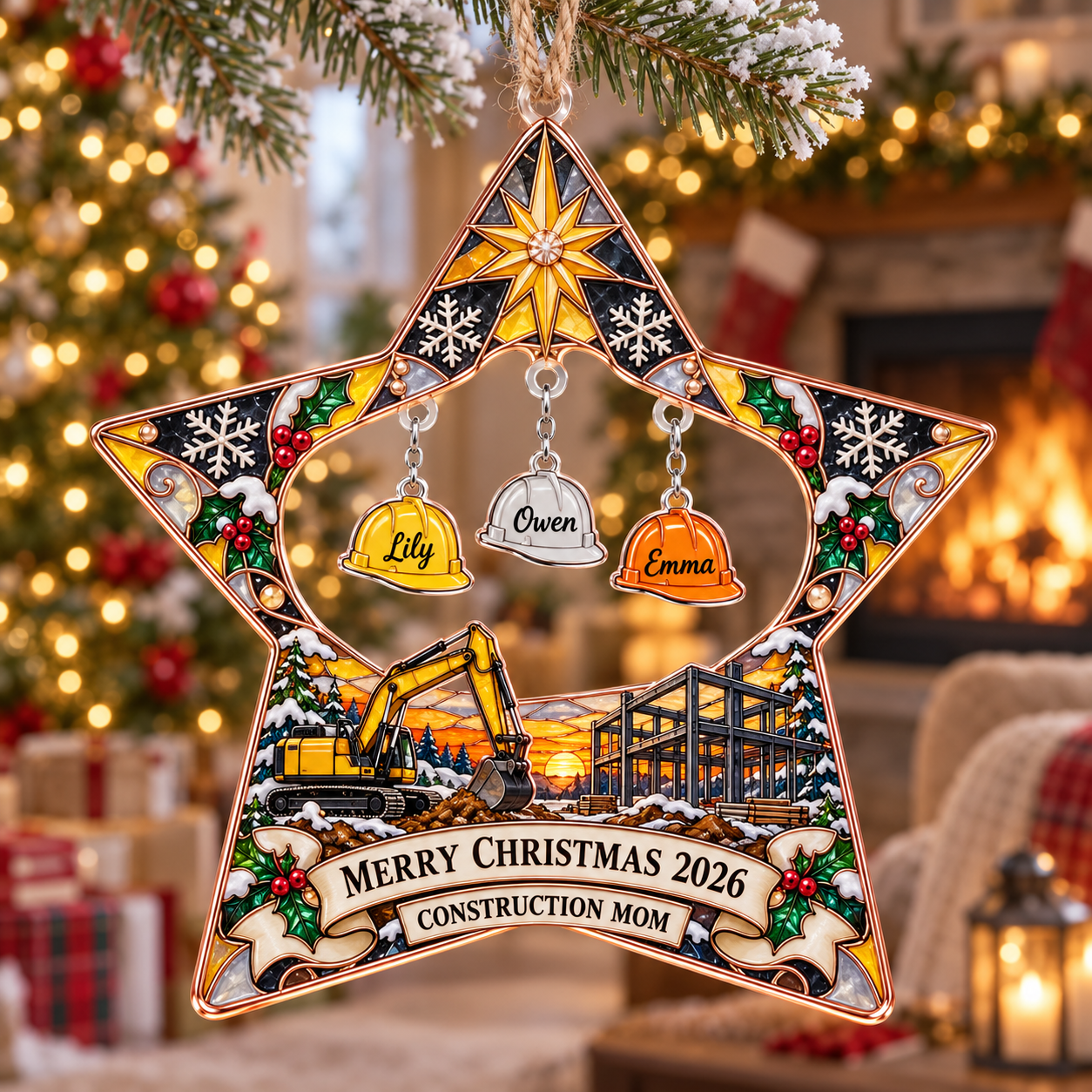 Stained-glass acrylic Christmas ornament with "CONSTRUCTION MOM" and personalised name charms