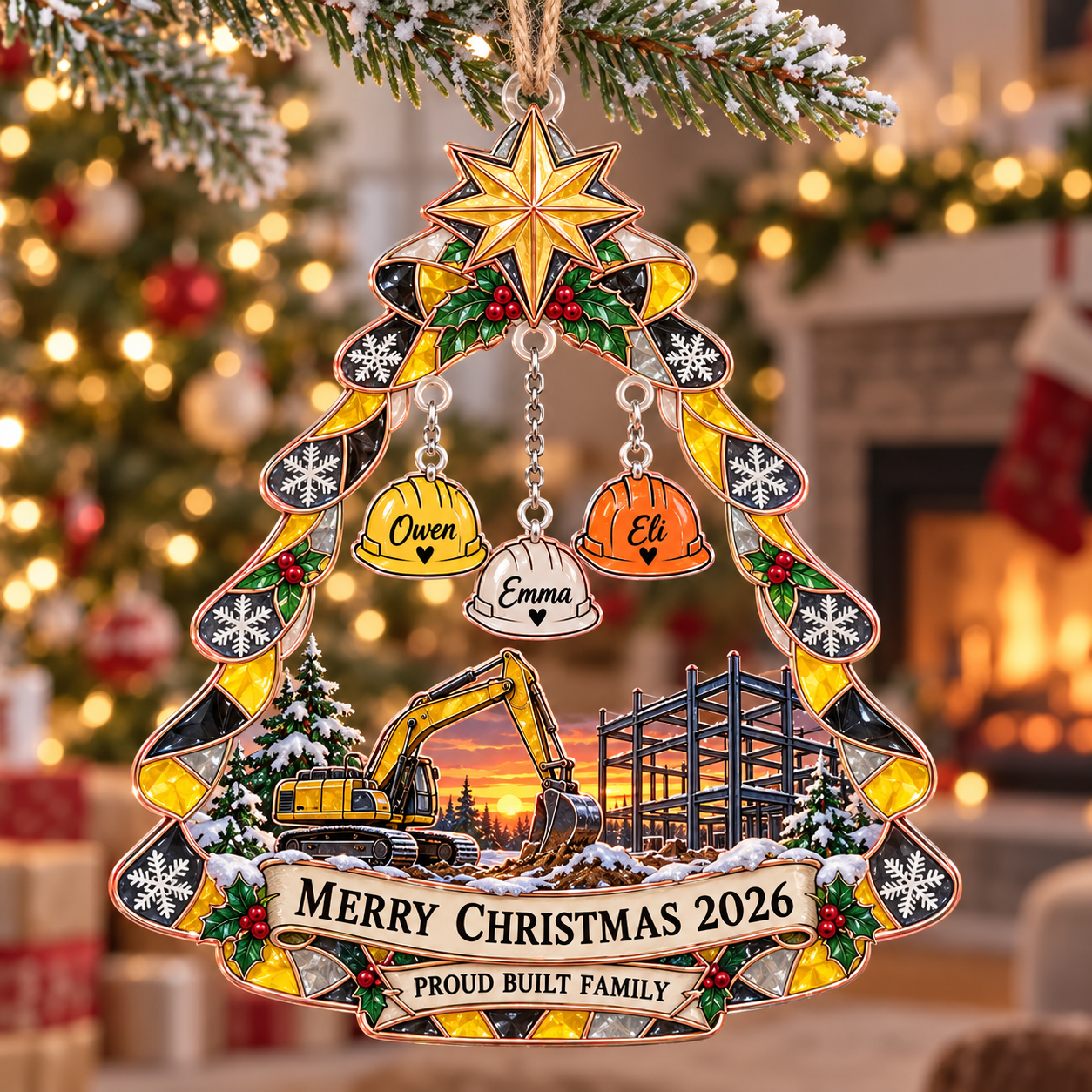 Stained-glass acrylic Christmas ornament with "PROUD BUILT FAMILY" and personalised name charms