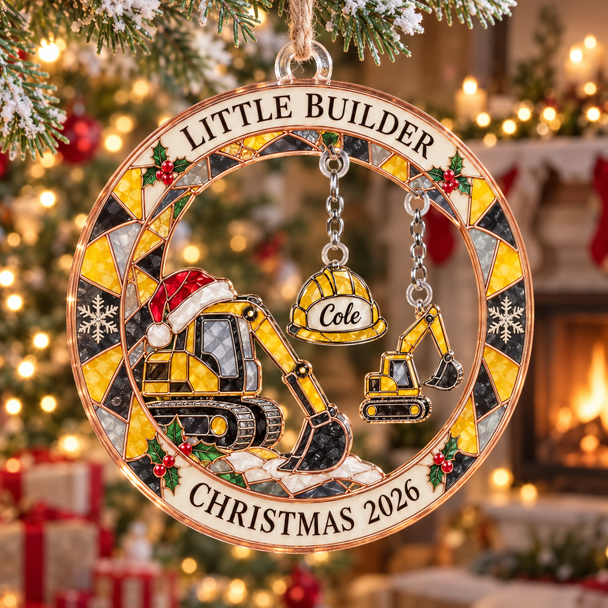 Stained-glass acrylic Christmas ornament with "LITTLE BUILDER" and personalised name charms