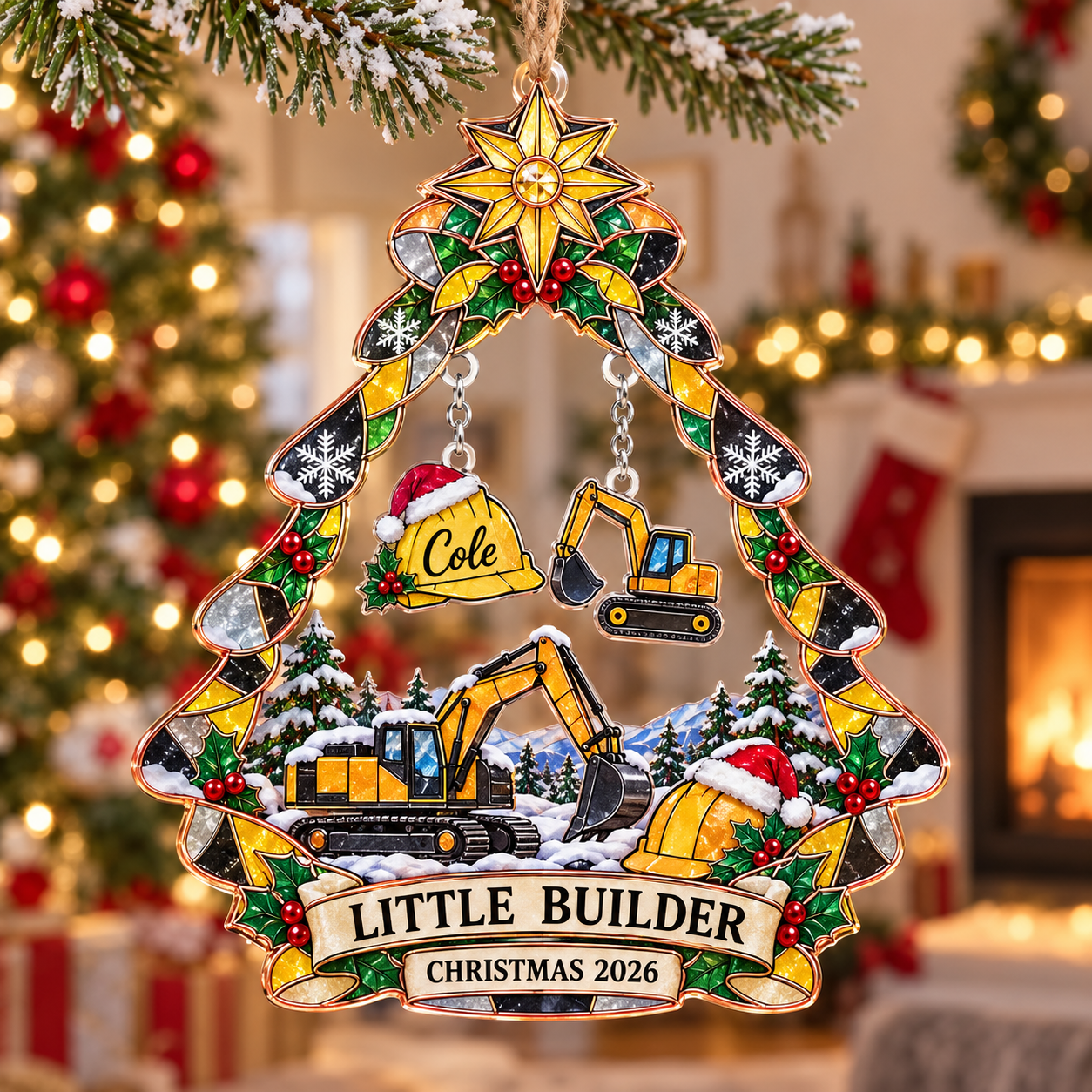 Stained-glass acrylic Christmas ornament with "LITTLE BUILDER" and personalised name charms