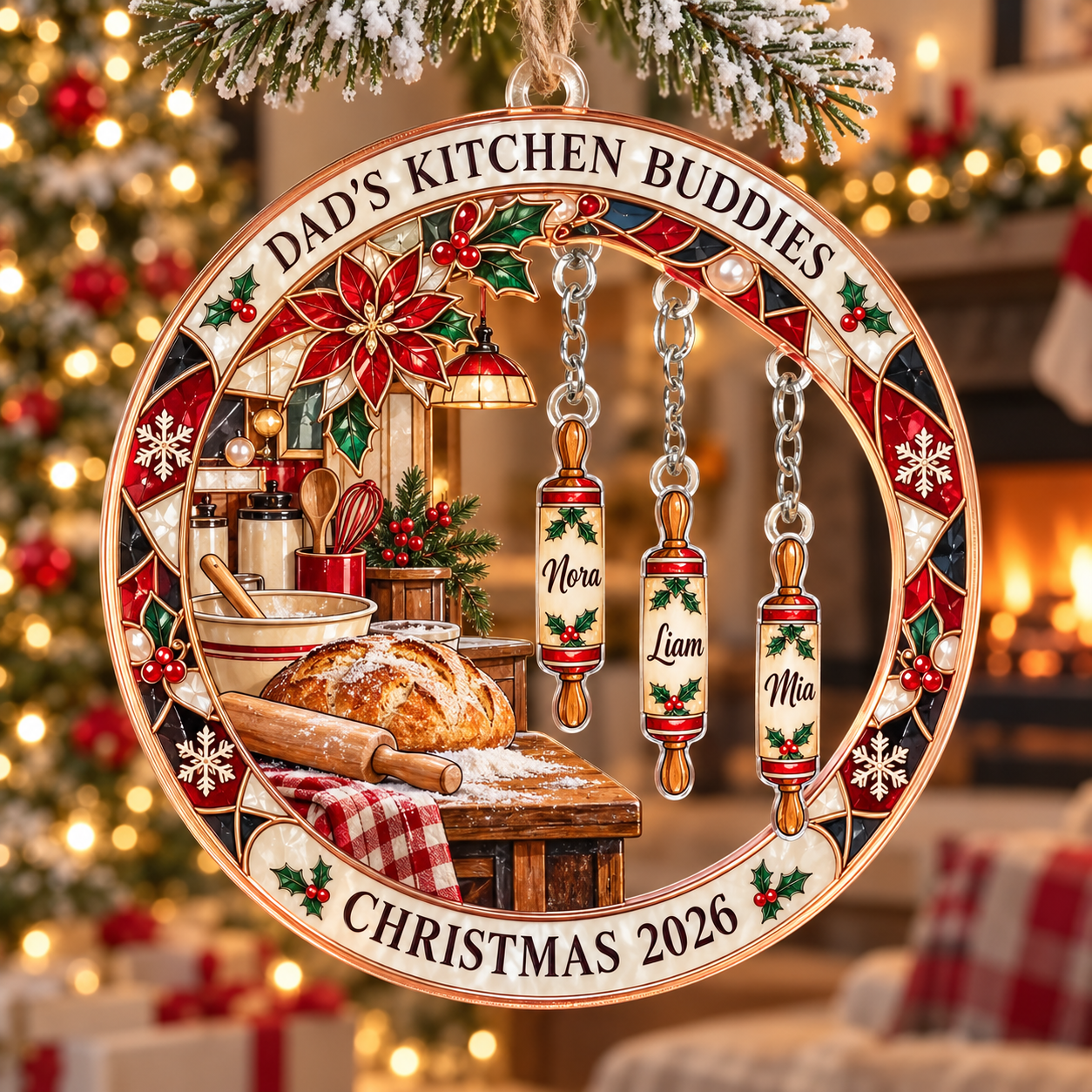 Stained-glass acrylic Christmas ornament with "DAD'S KITCHEN BUDDIES" and personalised name charms