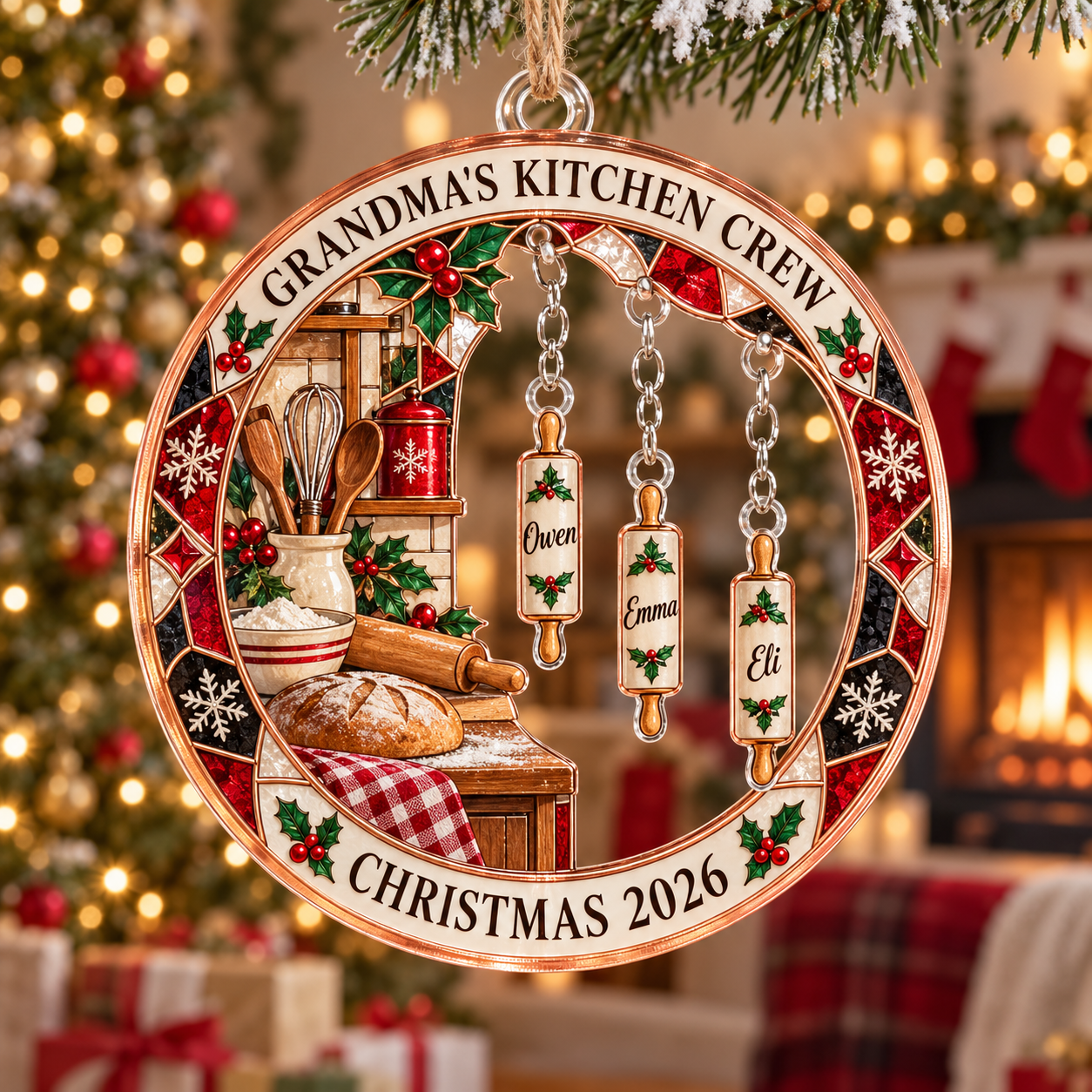 Stained-glass acrylic Christmas ornament with "GRANDMA'S KITCHEN CREW" and personalised name charms