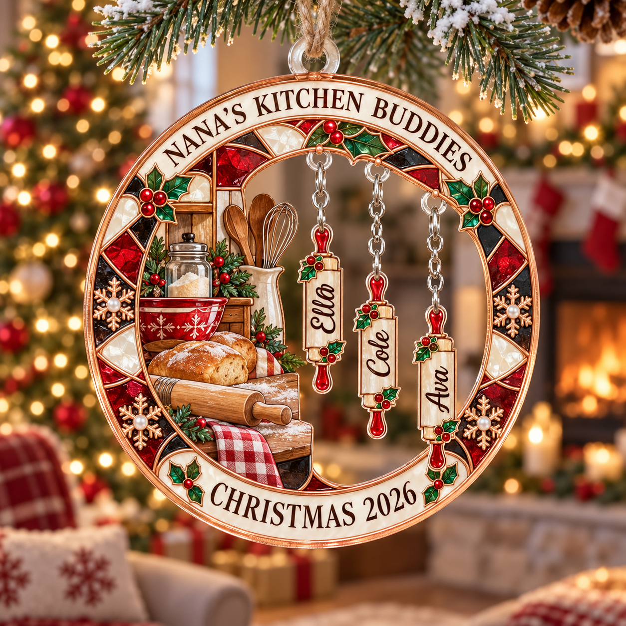 Stained-glass acrylic Christmas ornament with "NANA'S KITCHEN BUDDIES" and personalised name charms