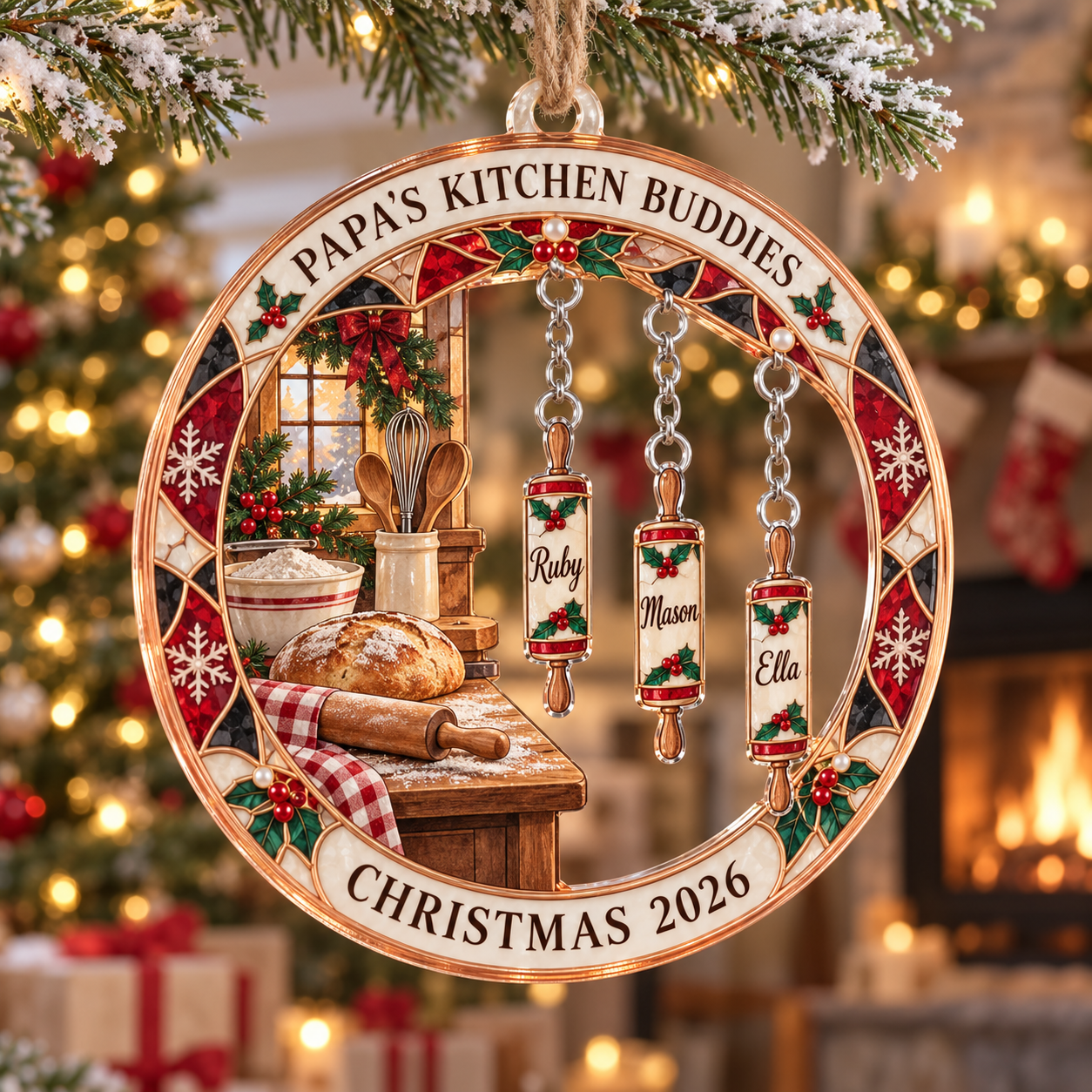 Stained-glass acrylic Christmas ornament with "PAPA'S KITCHEN BUDDIES" and personalised name charms