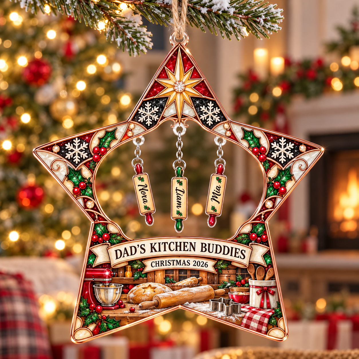 Stained-glass acrylic Christmas ornament with "DAD'S KITCHEN BUDDIES" and personalised name charms