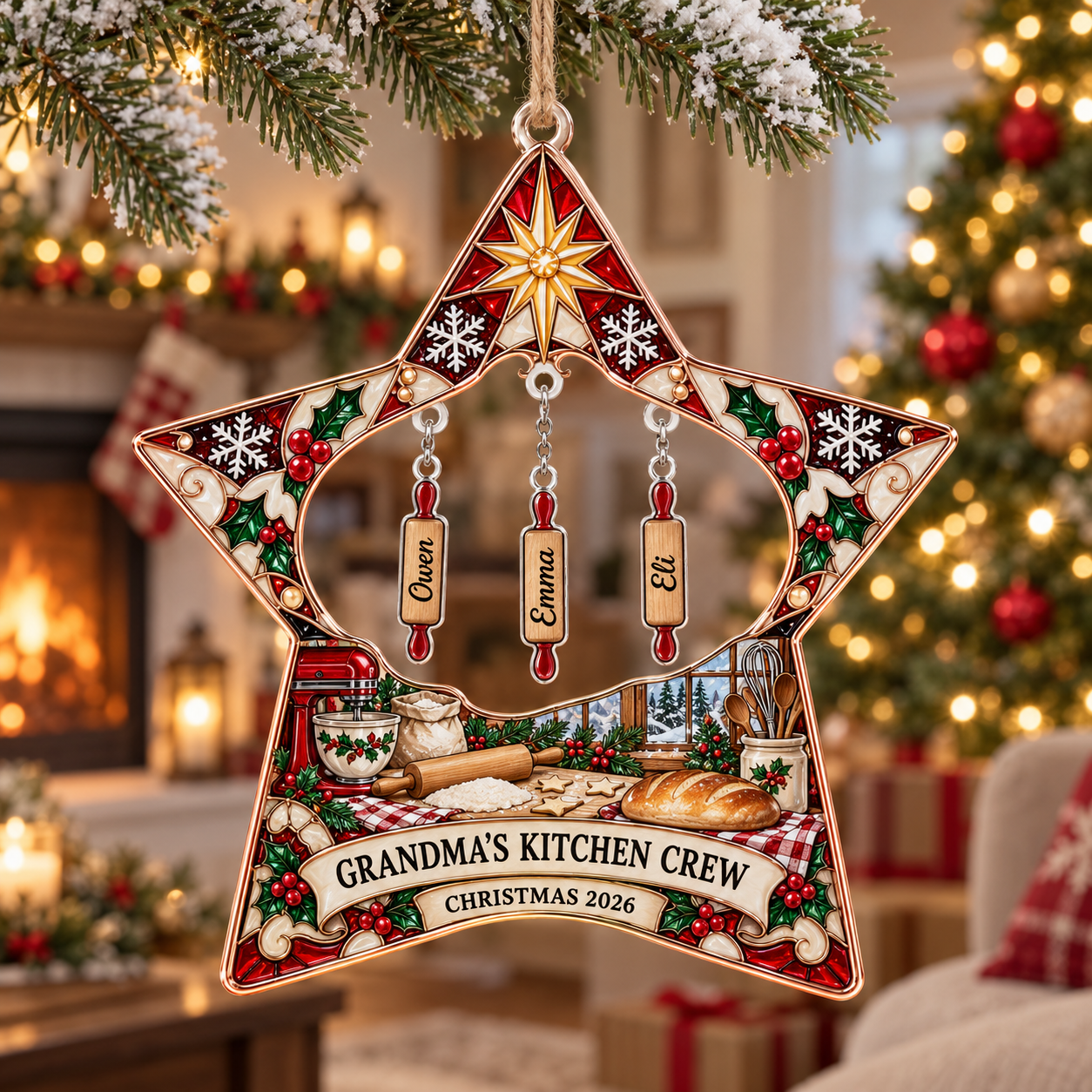 Stained-glass acrylic Christmas ornament with "GRANDMA'S KITCHEN CREW" and personalised name charms