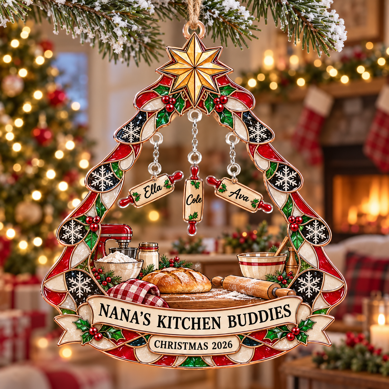 Stained-glass acrylic Christmas ornament with "NANA'S KITCHEN BUDDIES" and personalised name charms
