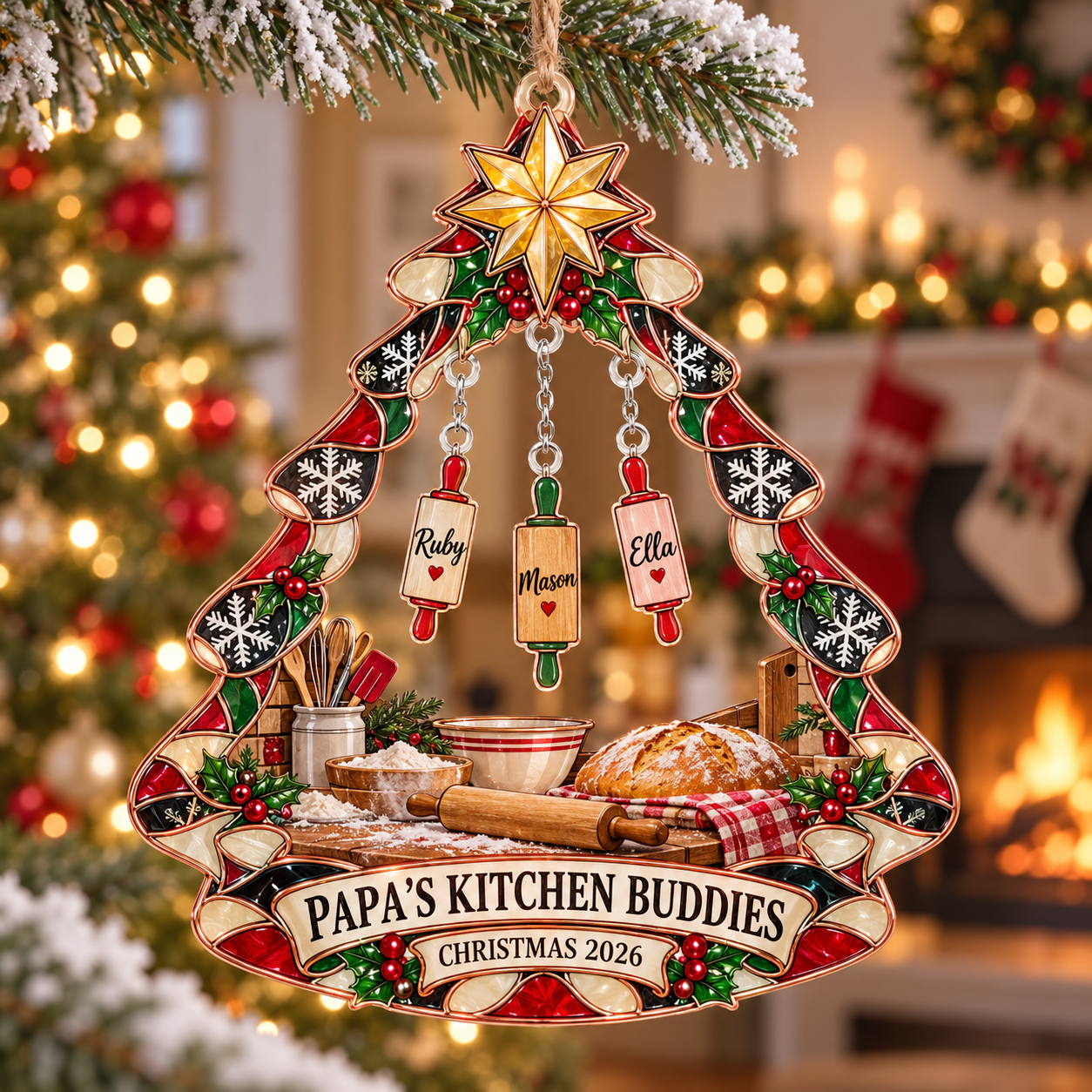 Stained-glass acrylic Christmas ornament with "PAPA'S KITCHEN BUDDIES" and personalised name charms