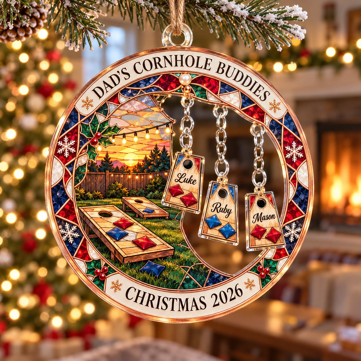 Stained-glass acrylic Christmas ornament with "DAD'S CORNHOLE BUDDIES" and personalised name charms