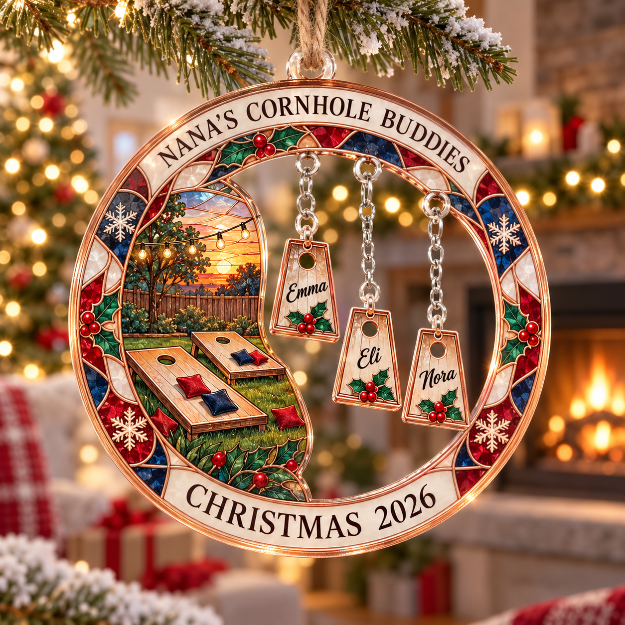Stained-glass acrylic Christmas ornament with "NANA'S CORNHOLE BUDDIES" and personalised name charms