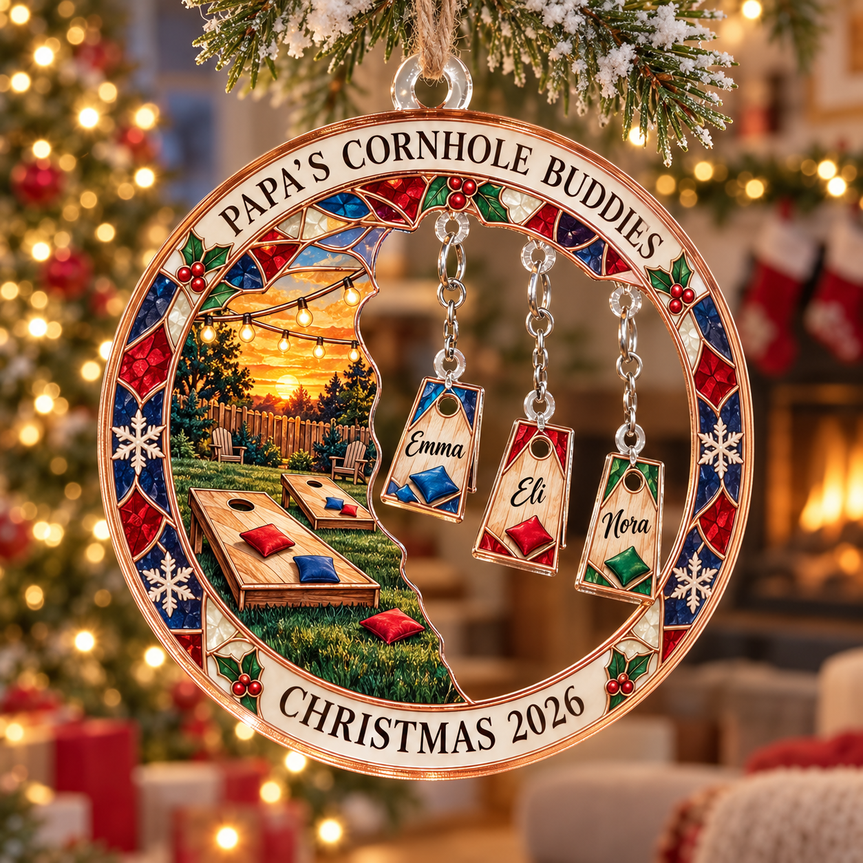 Stained-glass acrylic Christmas ornament with "PAPA'S CORNHOLE BUDDIES" and personalised name charms