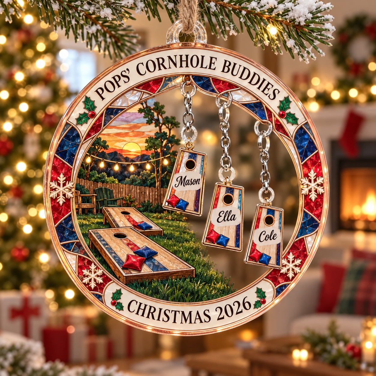 Stained-glass acrylic Christmas ornament with "POPS' CORNHOLE BUDDIES" and personalised name charms