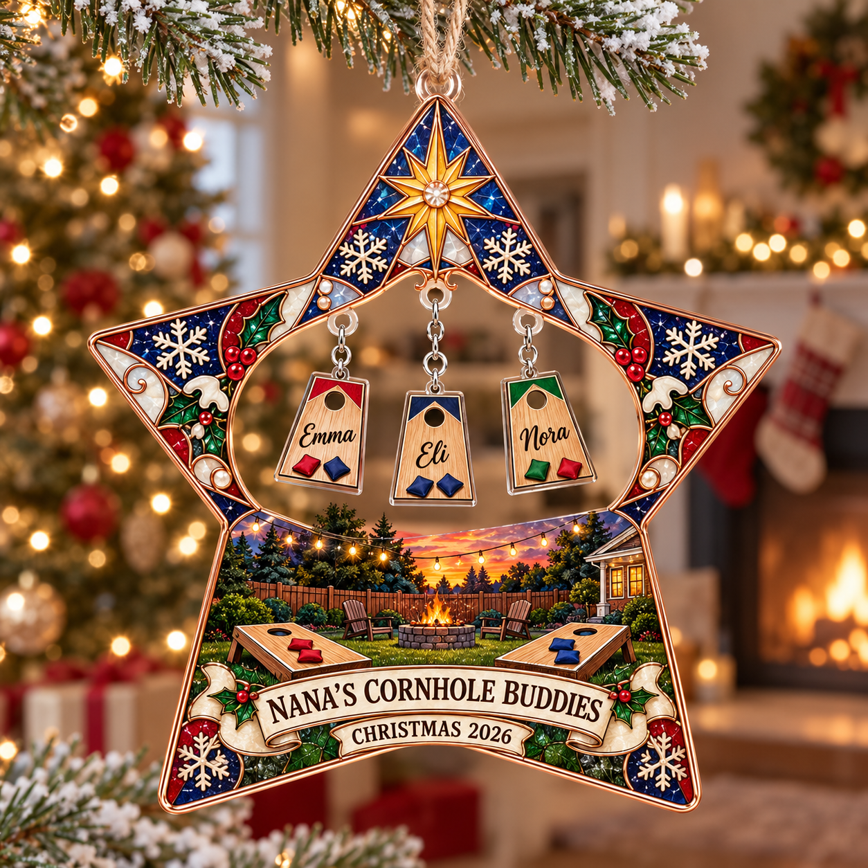 Stained-glass acrylic Christmas ornament with "NANA'S CORNHOLE BUDDIES" and personalised name charms