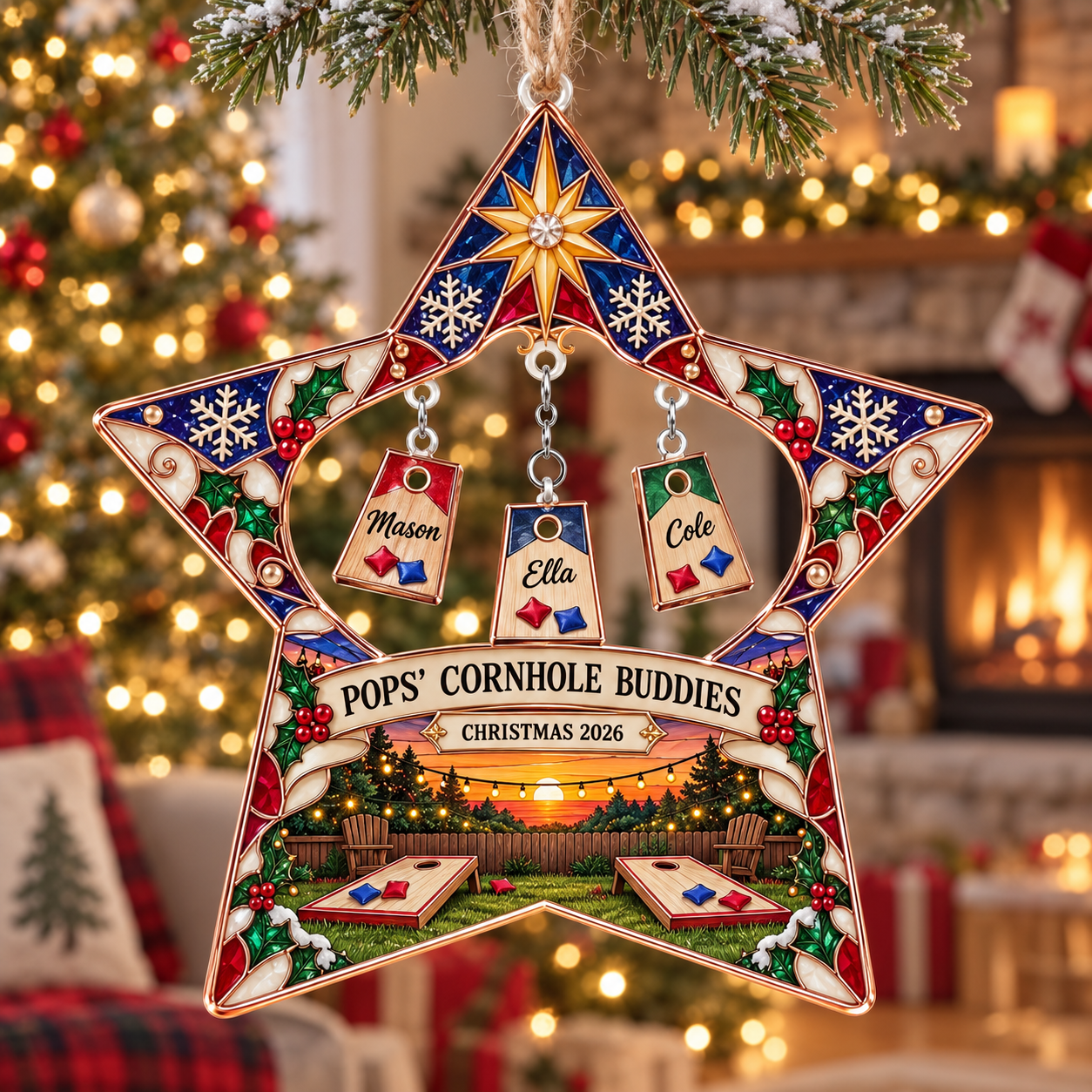 Stained-glass acrylic Christmas ornament with "POPS' CORNHOLE BUDDIES" and personalised name charms