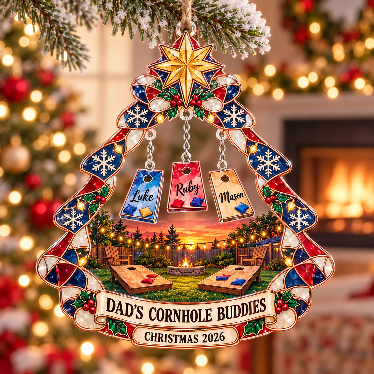 Stained-glass acrylic Christmas ornament with "DAD'S CORNHOLE BUDDIES" and personalised name charms