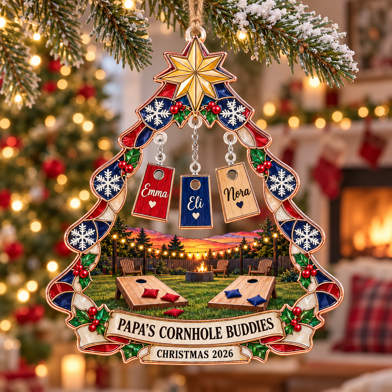 Stained-glass acrylic Christmas ornament with "PAPA'S CORNHOLE BUDDIES" and personalised name charms