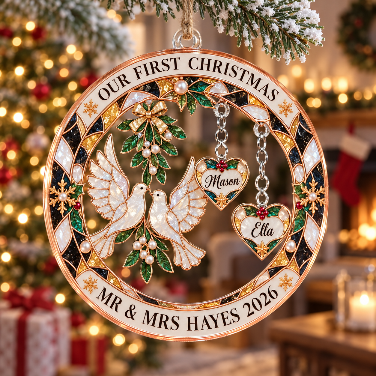 Stained-glass acrylic Christmas ornament with "OUR FIRST CHRISTMAS" and personalised name charms