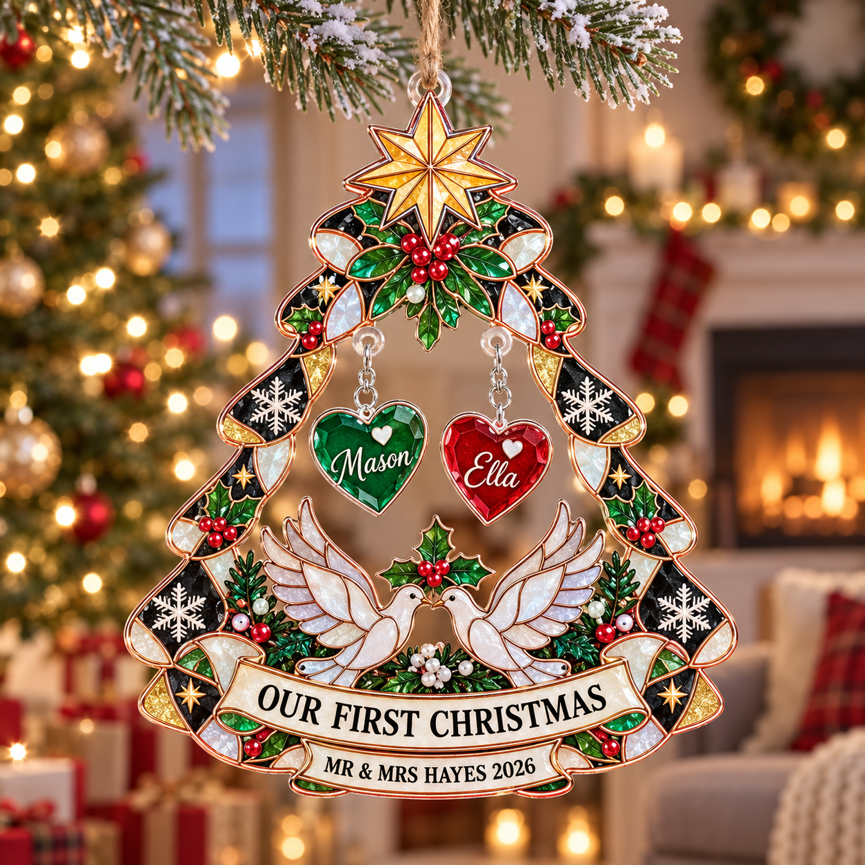 Stained-glass acrylic Christmas ornament with "OUR FIRST CHRISTMAS" and personalised name charms