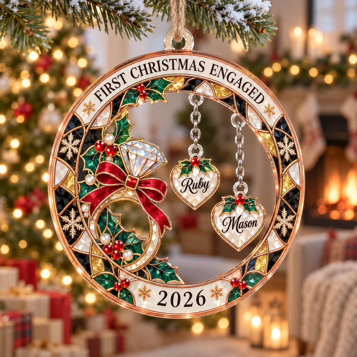 Stained-glass acrylic Christmas ornament with "FIRST CHRISTMAS ENGAGED" and personalised name charms