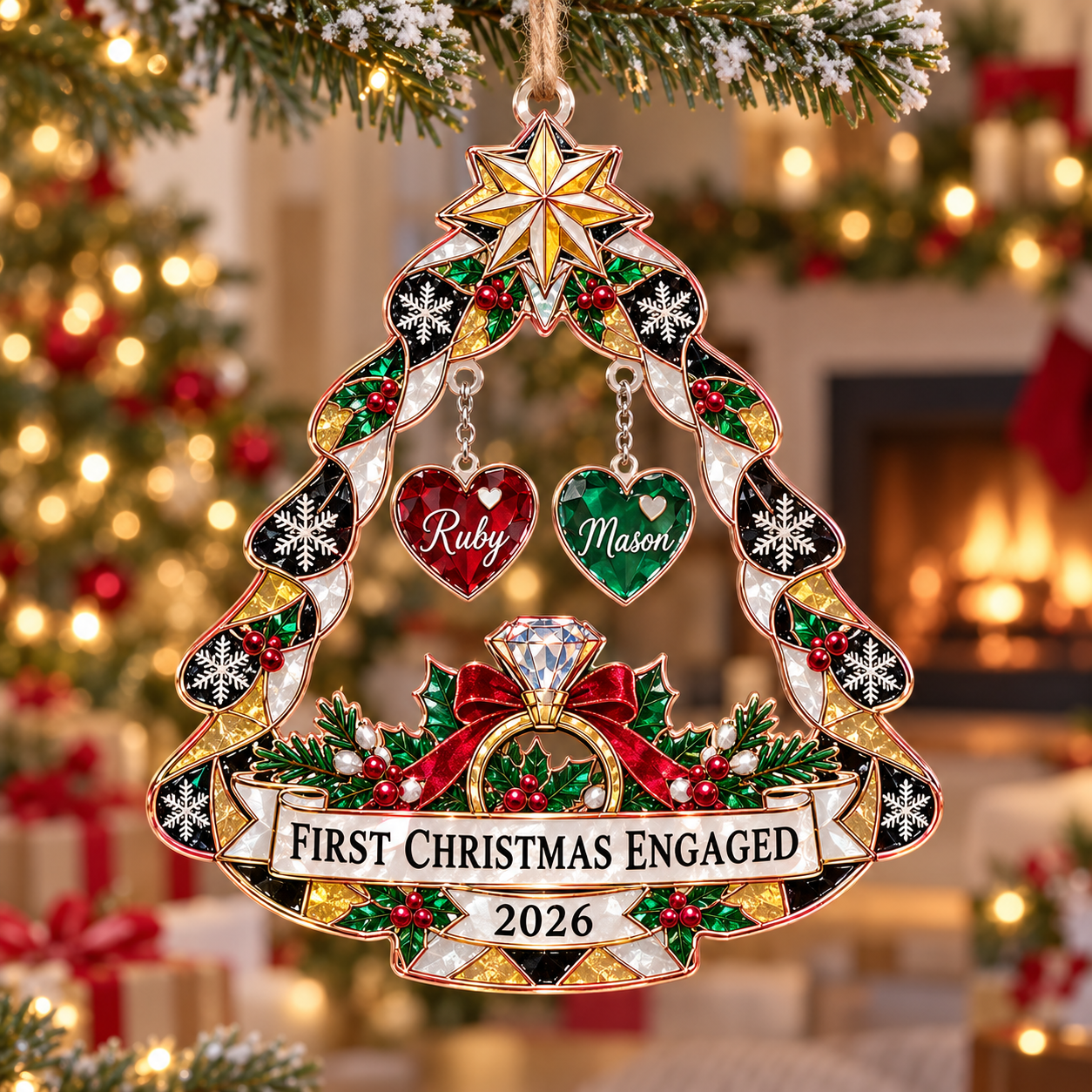 Stained-glass acrylic Christmas ornament with "FIRST CHRISTMAS ENGAGED" and personalised name charms