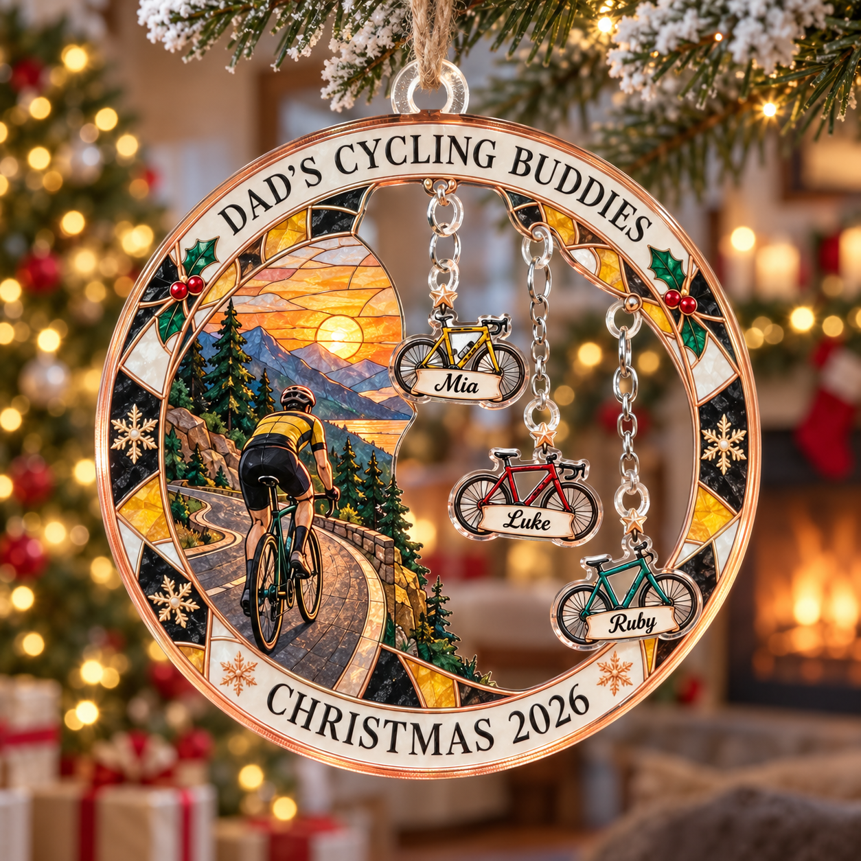 Stained-glass acrylic Christmas ornament with "DAD'S CYCLING BUDDIES" and personalised name charms